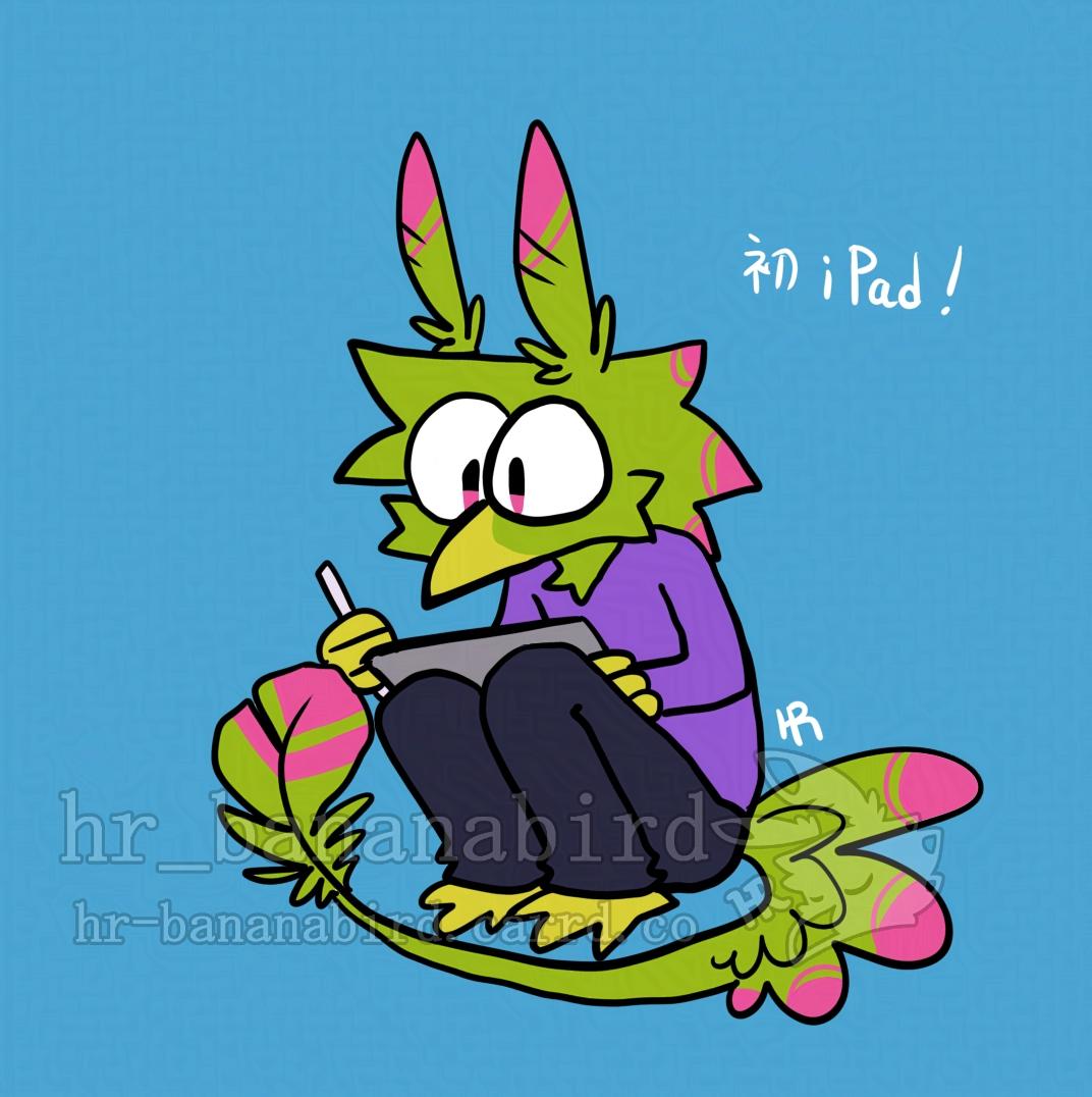 Digital art of a green anthro bird crouching on the floor and drawing on an iPad. They are wearing a purple shirt and black pants.