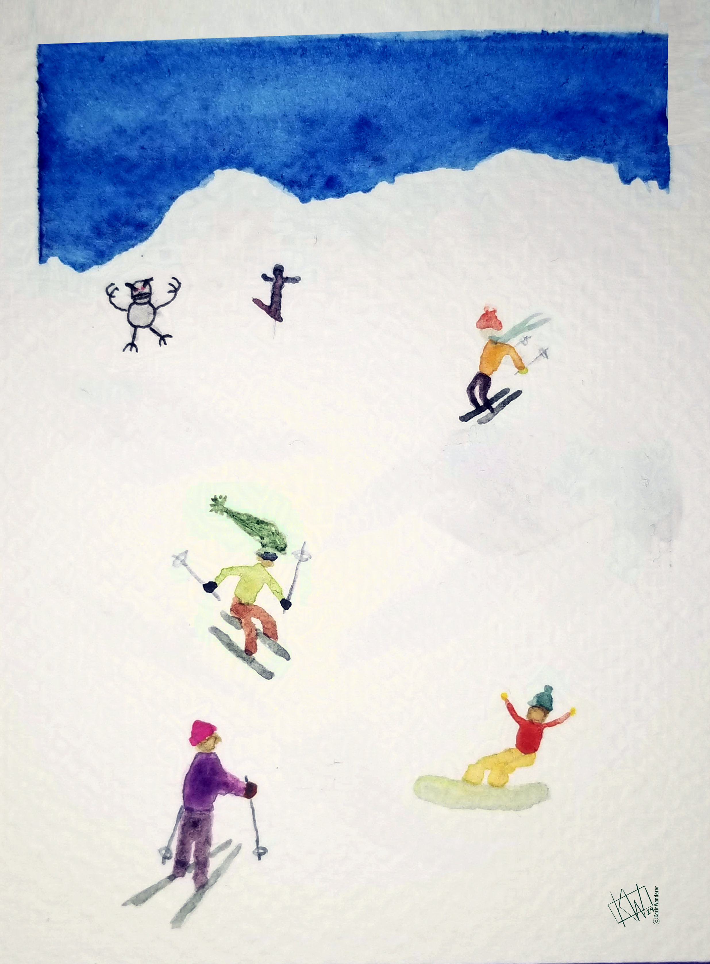 Watercolor snowboarders & skiers enjoy a perfectly clear day on a snow covered mountain. Far off near the top of the mountain, the Abominable Snowman from the classic game SkiFree has started chasing people!