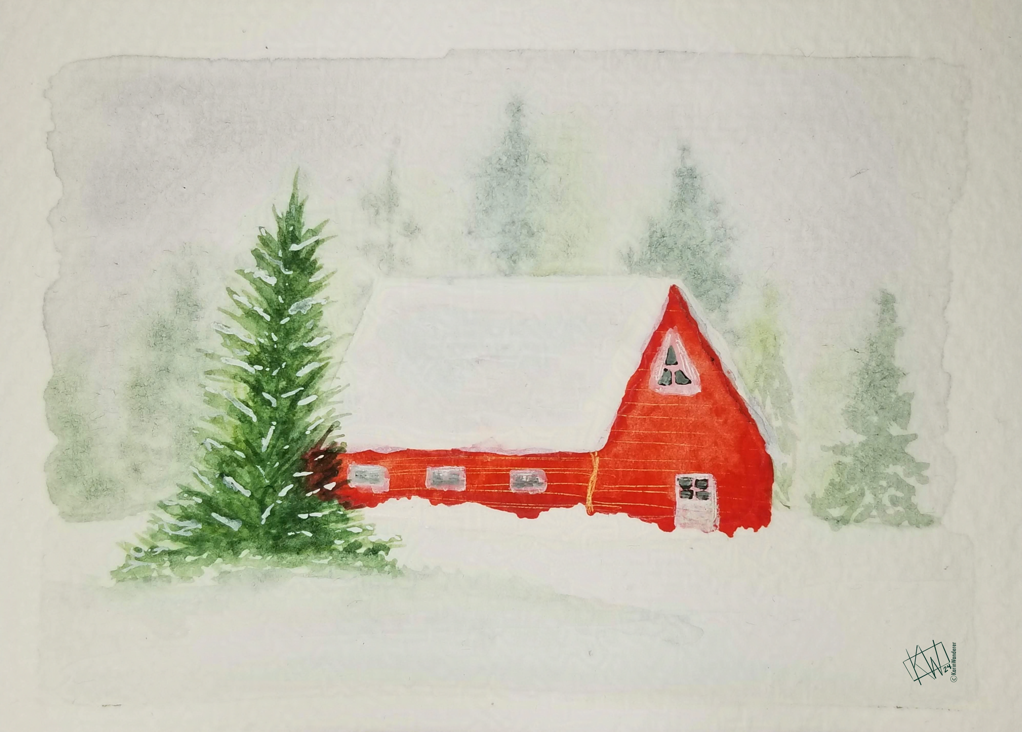 Watercolor of a bright red house surrounded by pine trees, all covered in a thick blanket of snow.