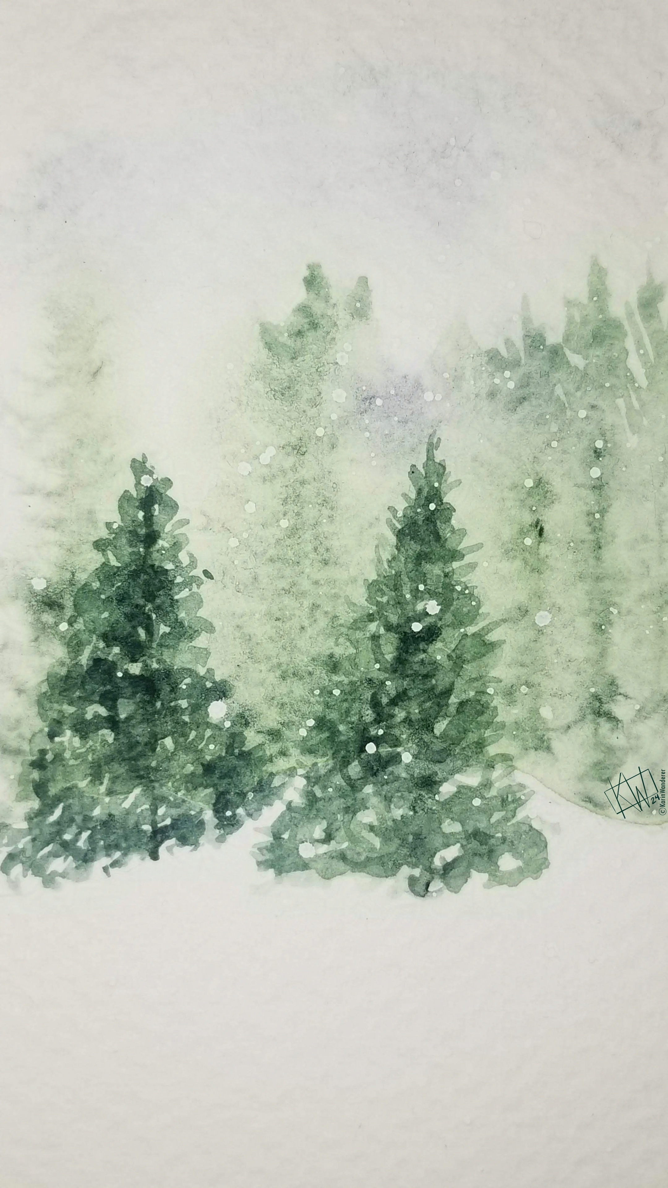 Watercolor of a hazy pine forest blanketed in snow.