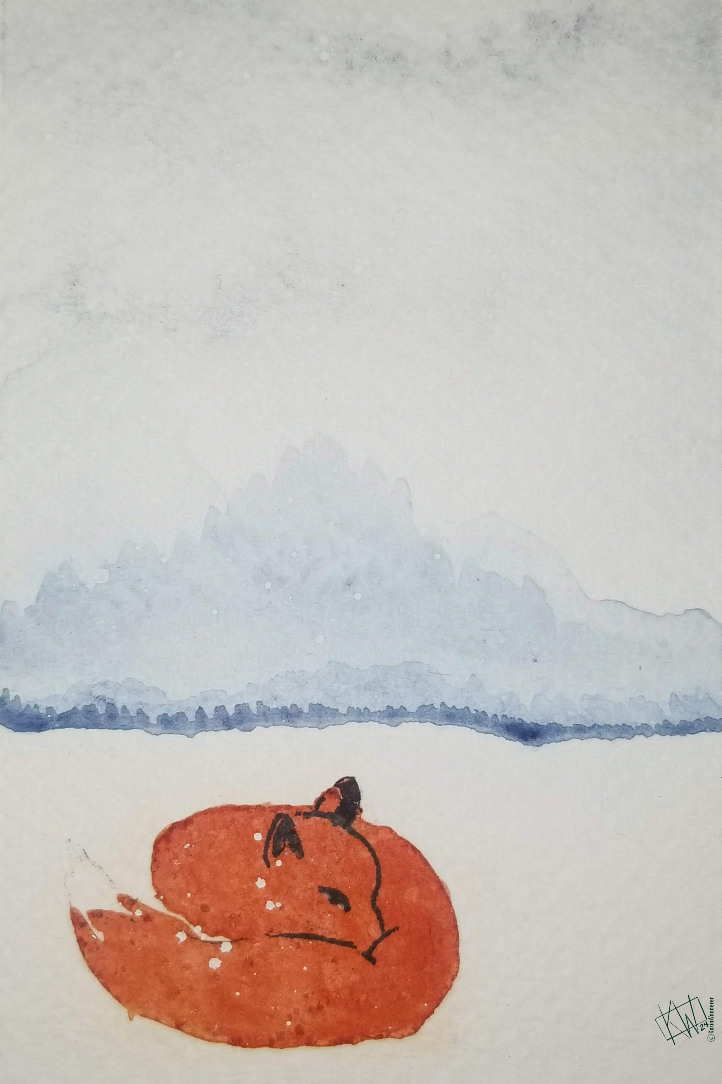 Watercolor of a frozen lake with far-off trees & mountains covered in snow. A fox is curled up on the snow, watching more snow fall.