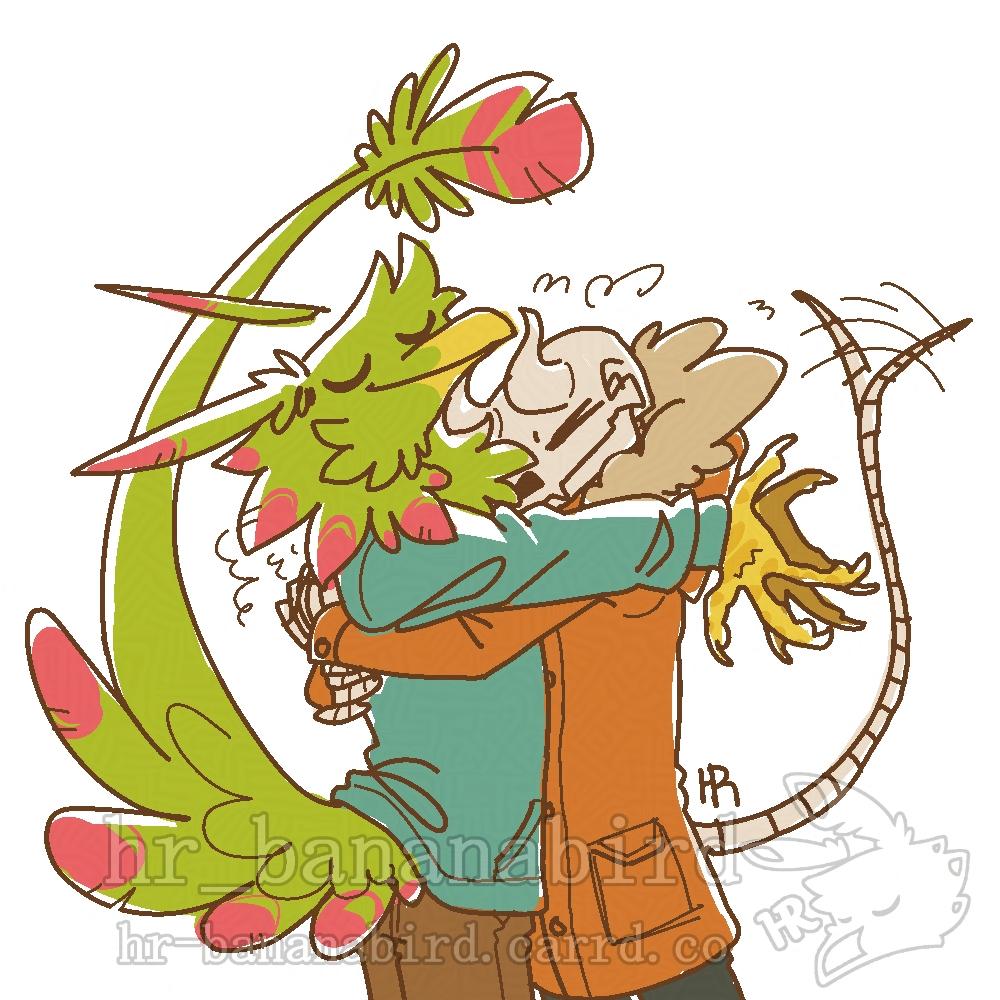 Digital art of an anthro crow skeleton with horns and a long bony tail, hugging an anthro bird with green and pink feathers, tightly. The skeleton is wearing an orange coat with a fur trimmed hood, while the green bird is wearing a blue shirt and brown pants.