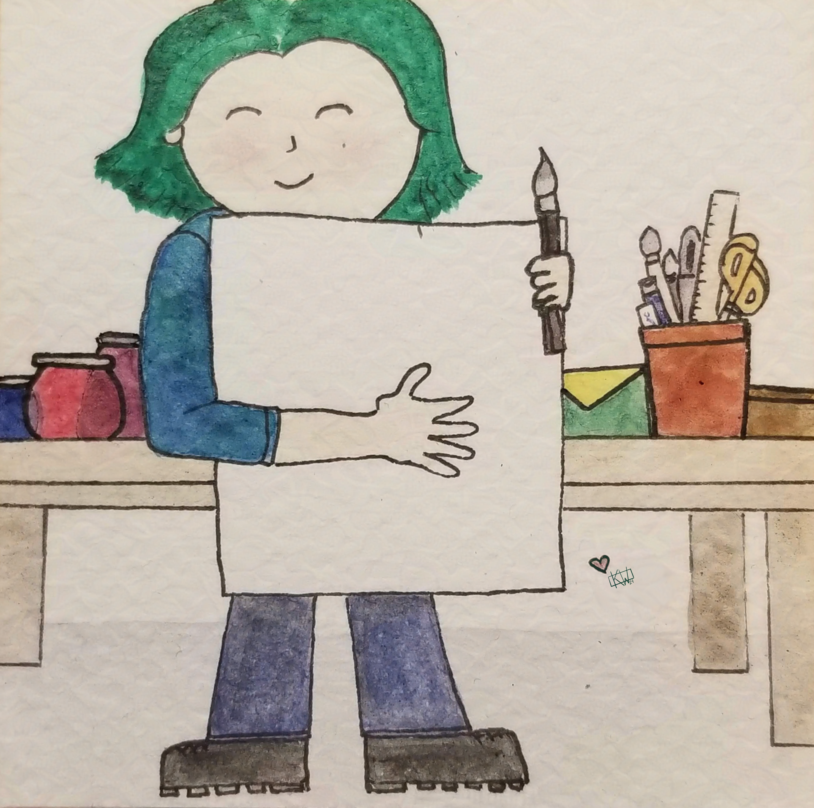 watercolor & ink painting of a pale woman with short green hair smiling & holding a paintbrush & a large piece of paper. The table behind her is covered in art supplies & mysterious bottles.