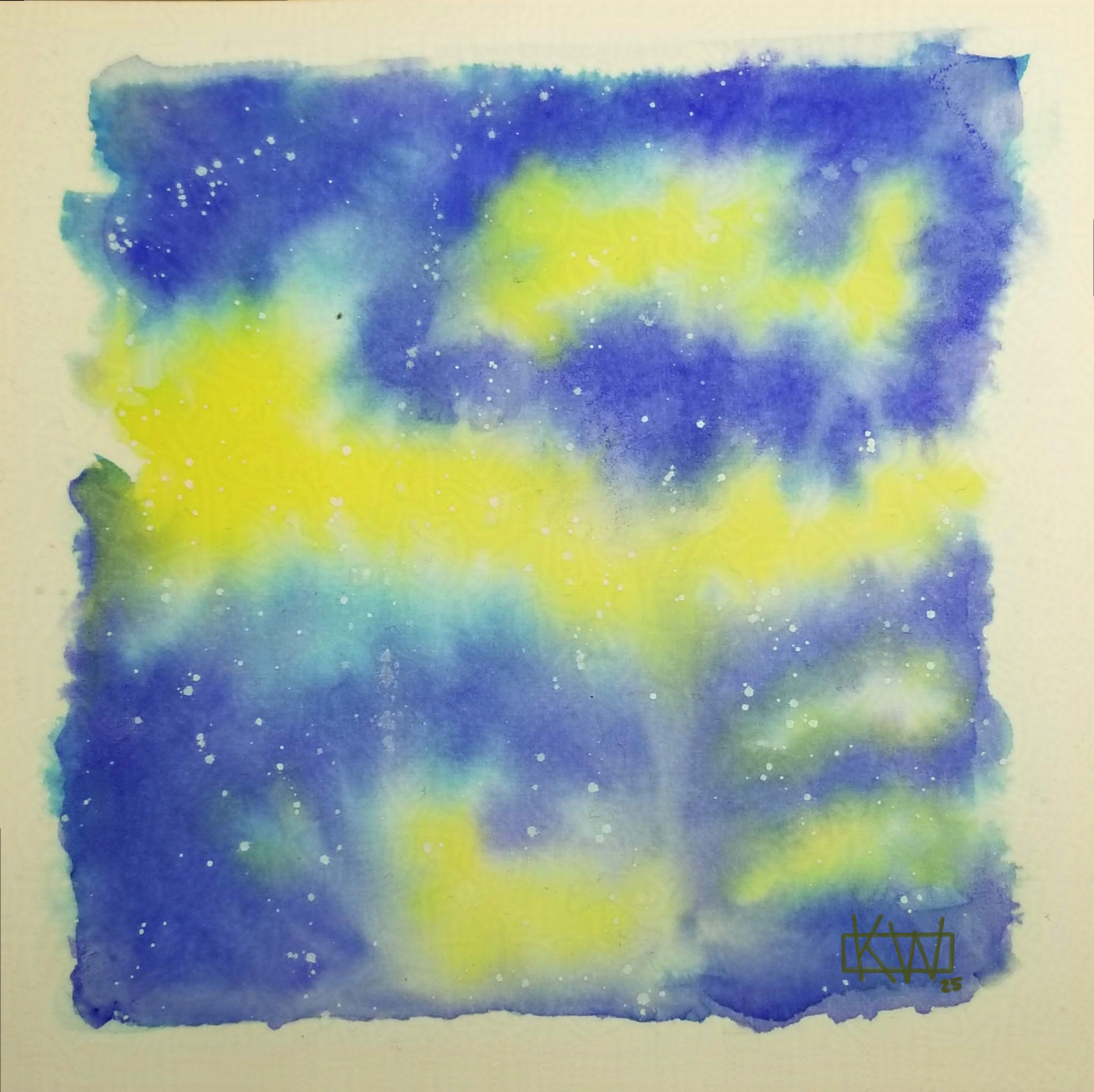 Watercolor Northern Lights fill the night sky with electric yellows & greens.