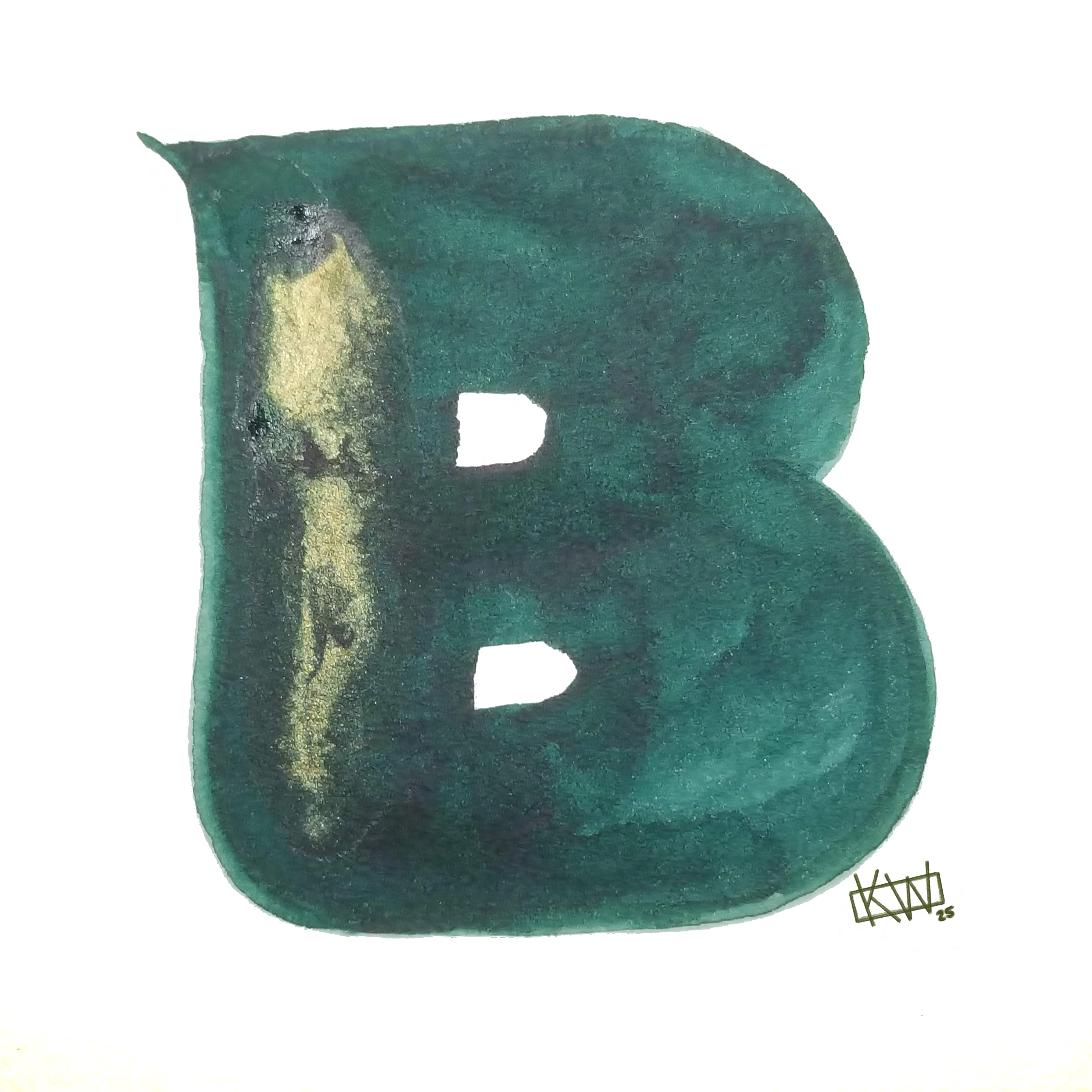 Watercolor of upper case letter B in a lovely shade of green with gold swirls.