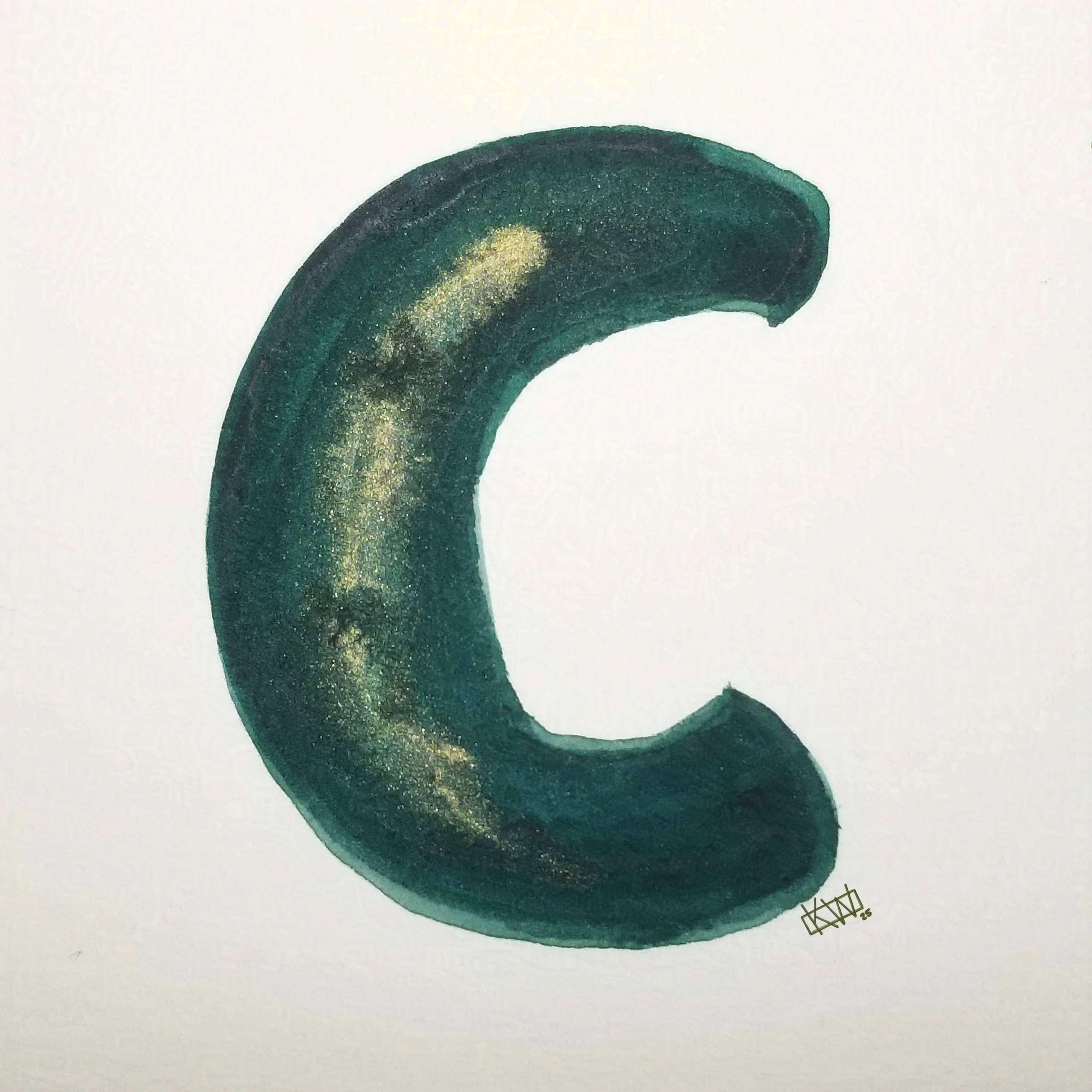 Watercolor of upper case letter C in a lovely shade of green with gold swirls.