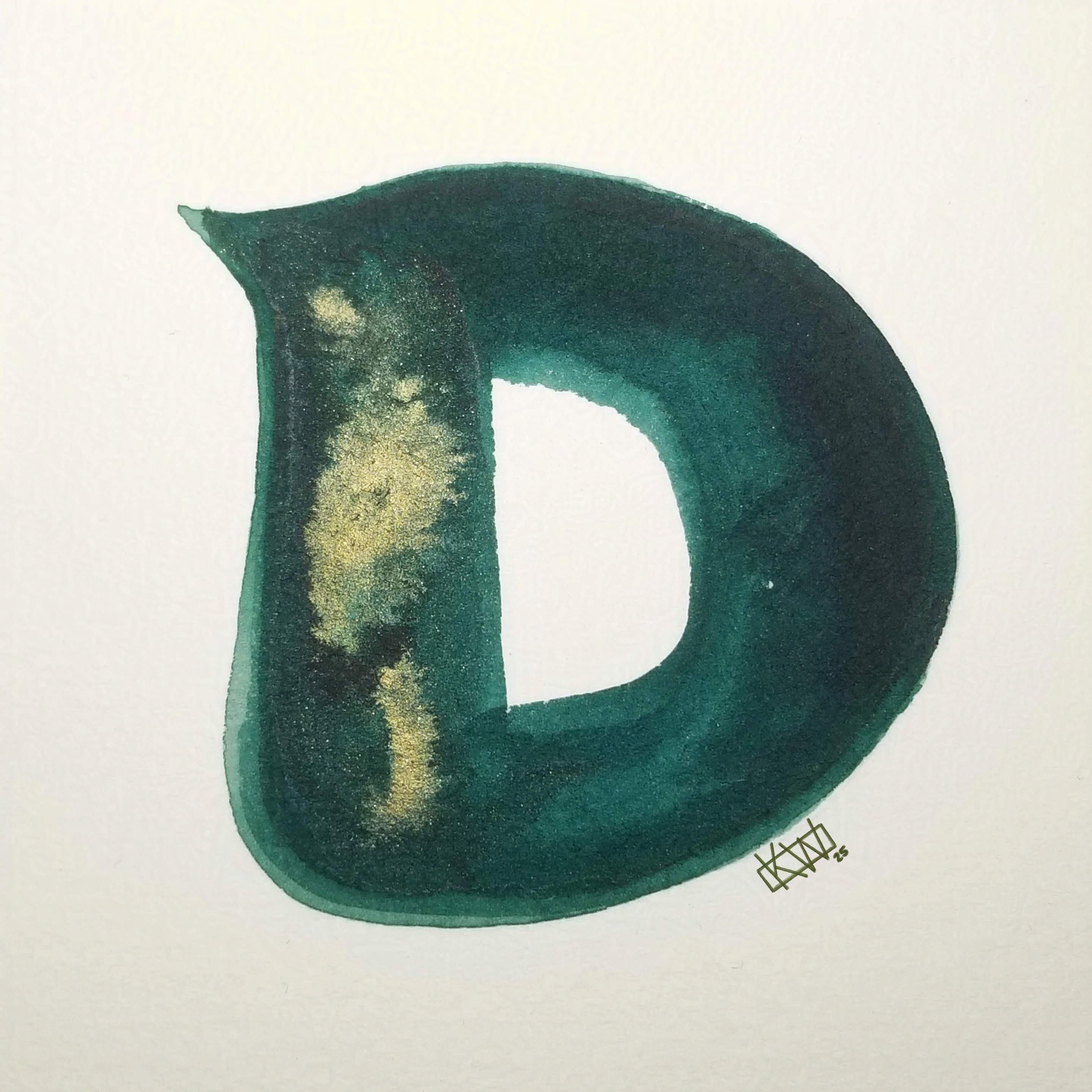 Watercolor of upper case letter D in a lovely shade of green with gold swirls.