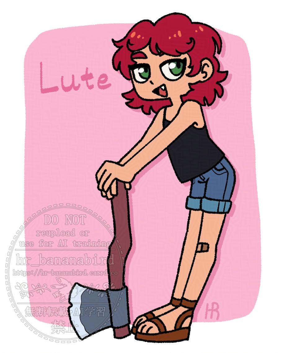 Digital art of a human lady with red shoulder-length curly hair and green eyes, drawn in a chibi style. She is wearing a black camisole, denim shorts and brown leather sandals. She is standing and resting her hands on an ax.