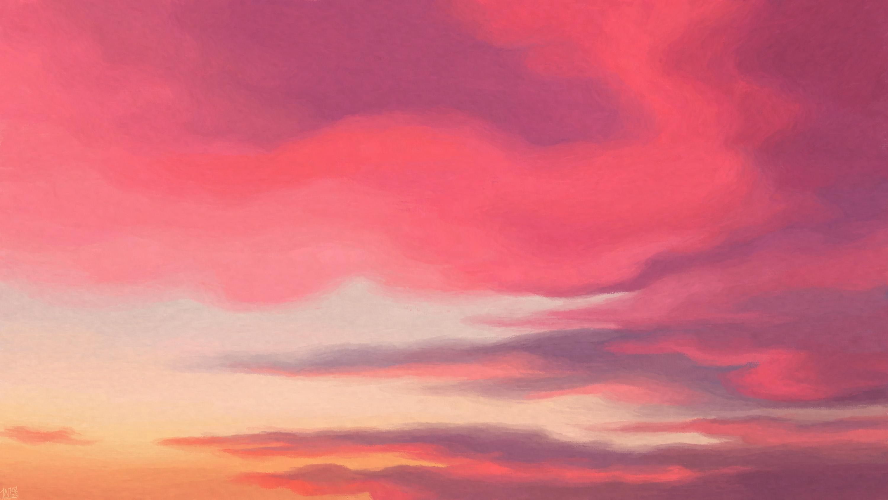 Digital painting of a sunrise sky in bright colours; the background is all pastel yellows and oranges, but the large, long clouds are all saturated pink with purple shadows.