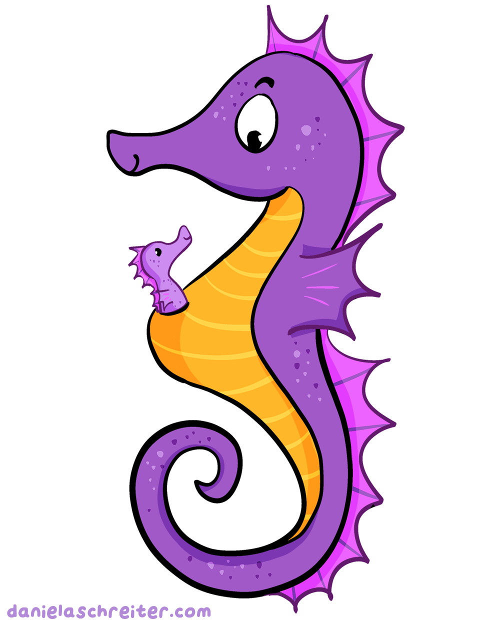 Comic Illustration: Ein violettes Seepferdchen, aus seiner Bauchtasche schaut ein kleines Baby-Seepferdchen