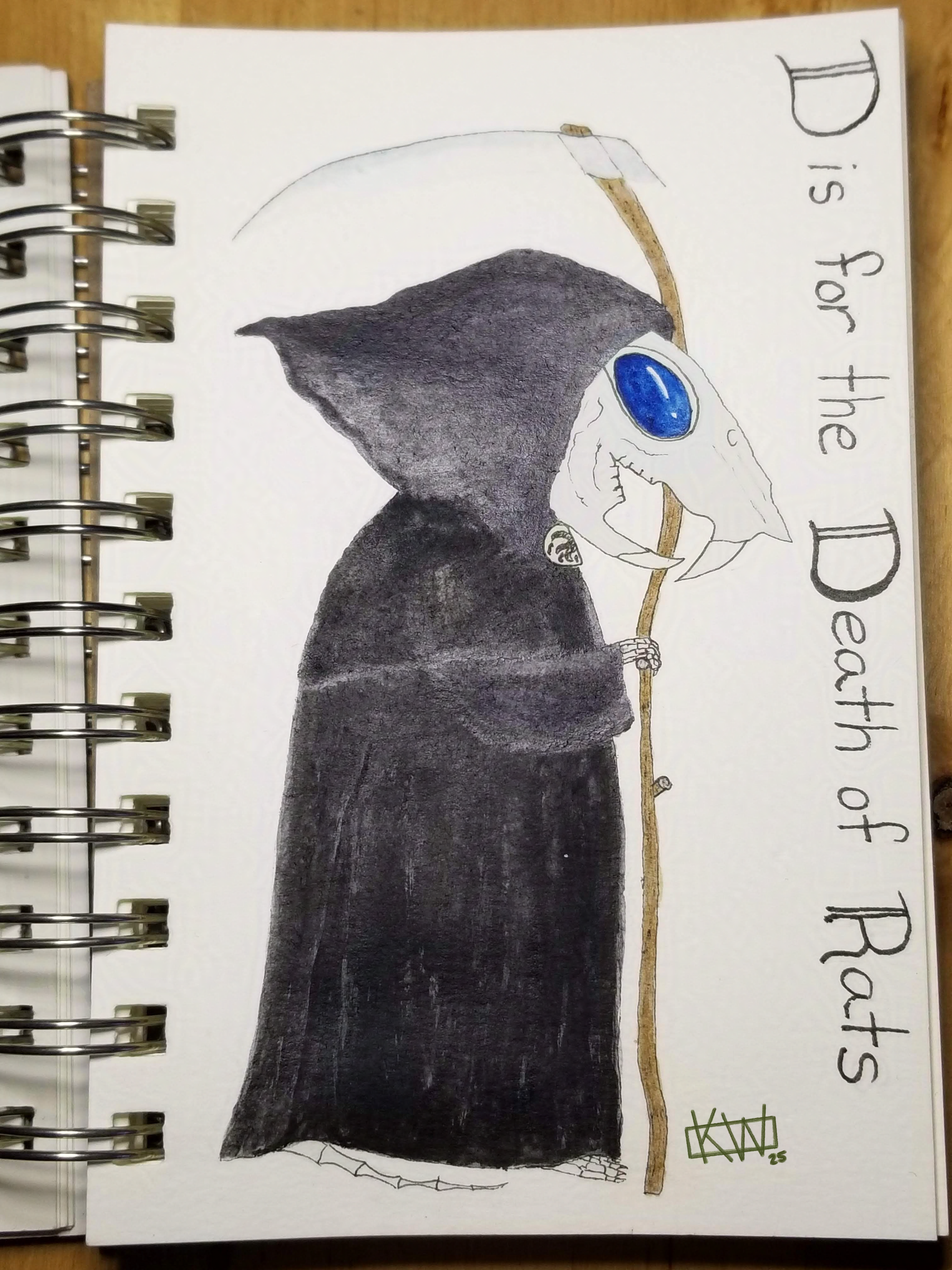 Watercolor of the Death of Rats: A happy skeletal rat in Death's traditional robes, standing upright with a little scythe. His bony tail and one bony foot stick out from under his robe. Text reads "D is for the Death of Rats."