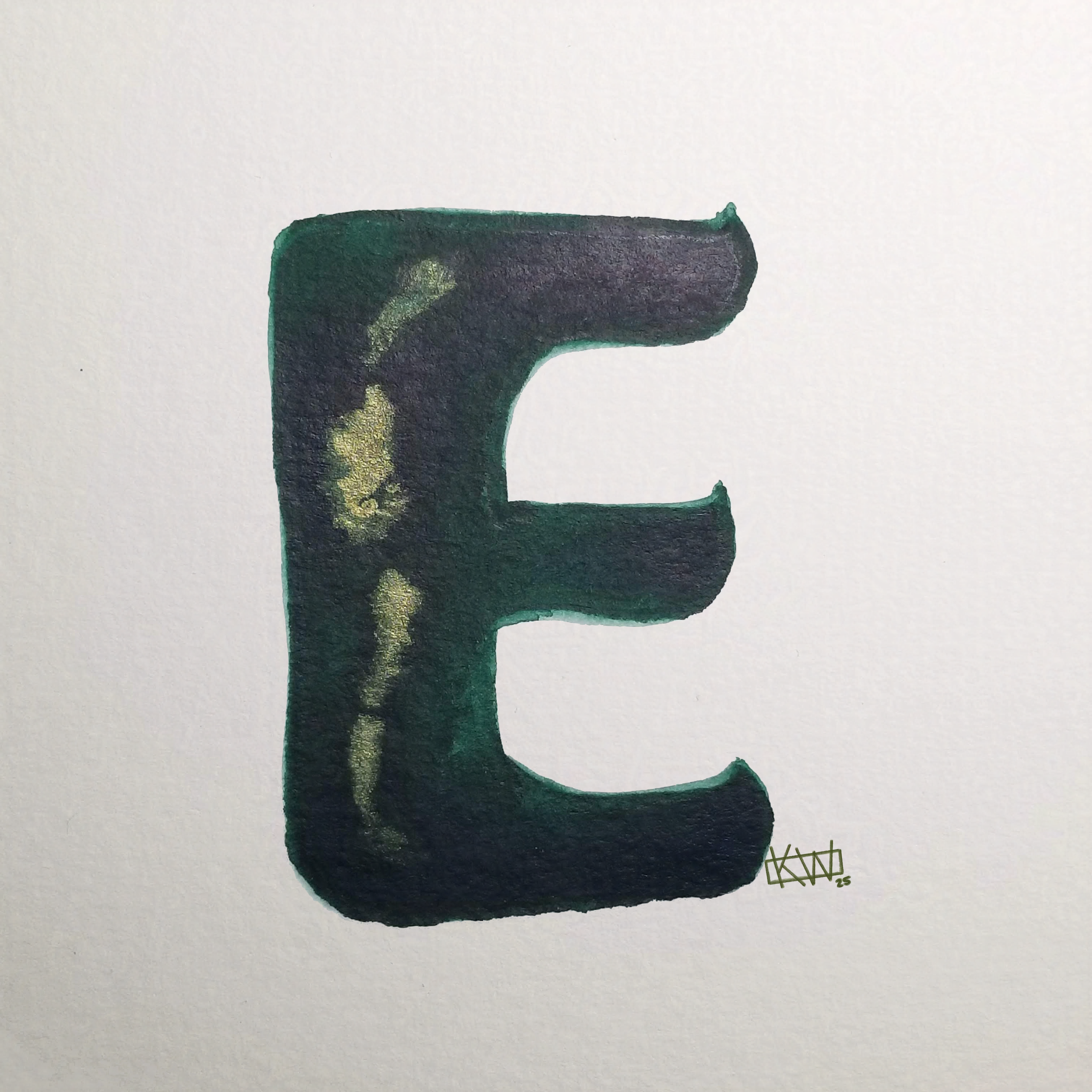 Watercolor of upper case letter E in a lovely shade of green with gold swirls.