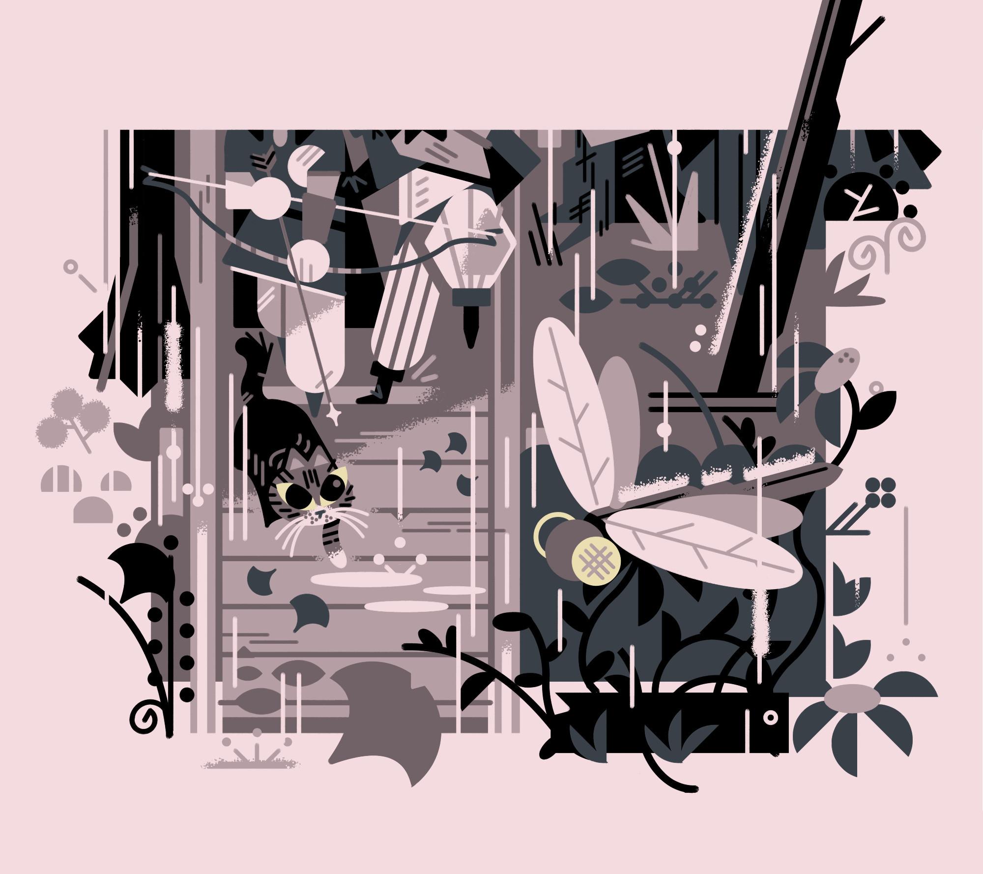 2025 - crop from a limited tone fantasy family portrait 

Two adventurers walk in the rain on a board walk in the woods, one with a bow at the ready, the other excitedly pulling her close. Their cat looks towards the foreground, where a dragonfly rests on a flower.