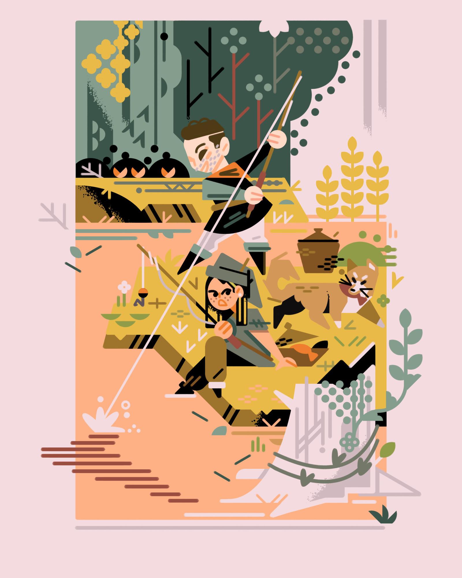 2024 full color fantasy family portrait

A family fishes in a stream in the woods, one member hooking a big catch, the other distracted and noticing their dog getting a snack from their baskets.