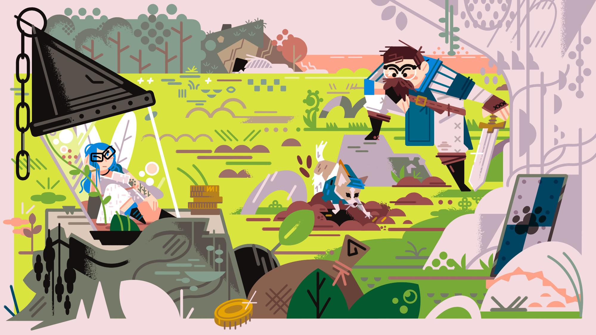 2025 full color magic the gathering playmat commission 

A man and his dog dig in a field for treasure, while his fairy companion rests in a lantern, expressing very mild interest.