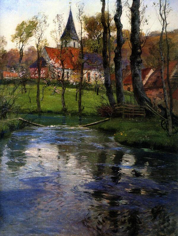 Verschiedene Motive (Ölgemälde), bei denen ein Fluss in der Bildmitte eine zentrale Rolle spielt.