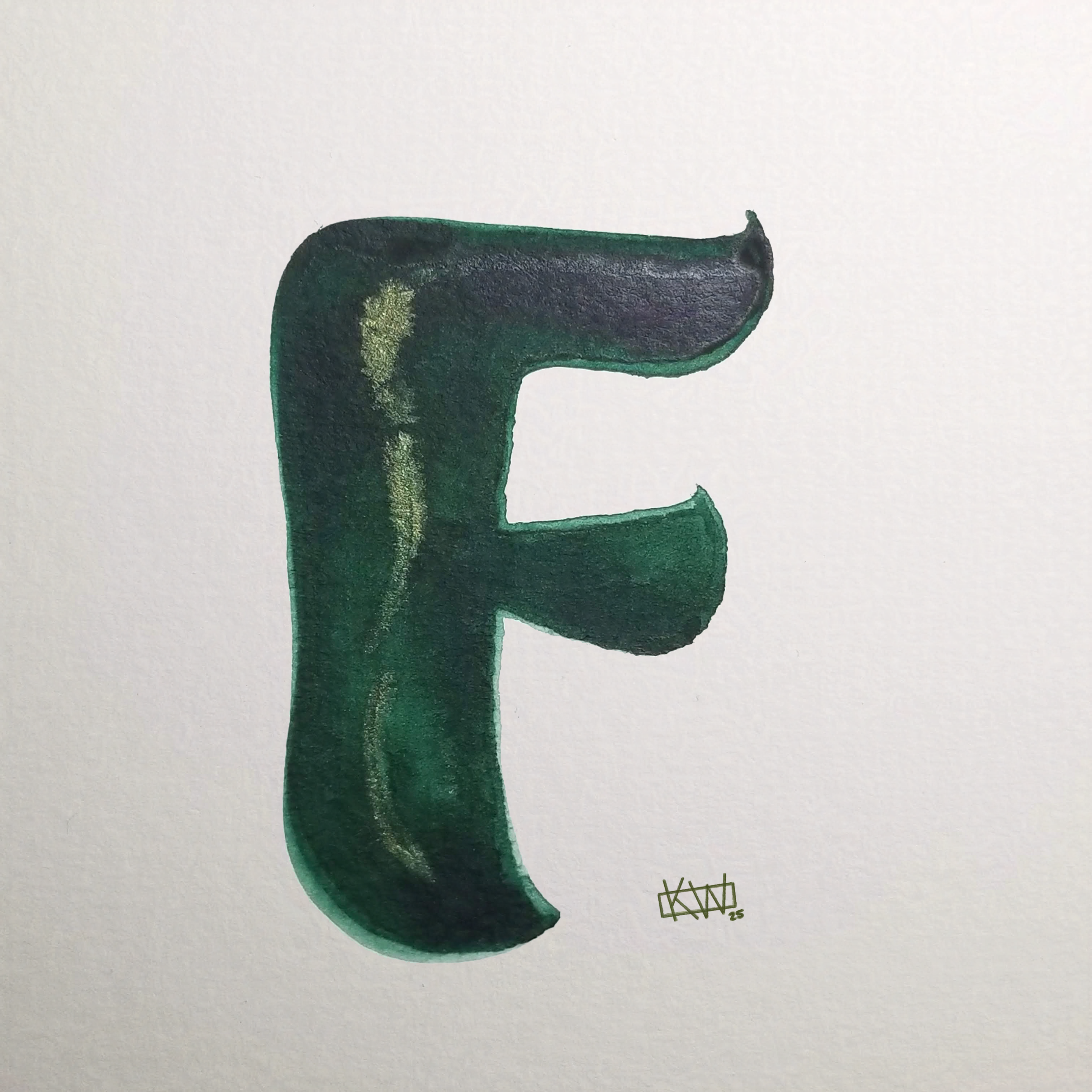 Watercolor of upper case letter F in a lovely shade of green with gold swirls.