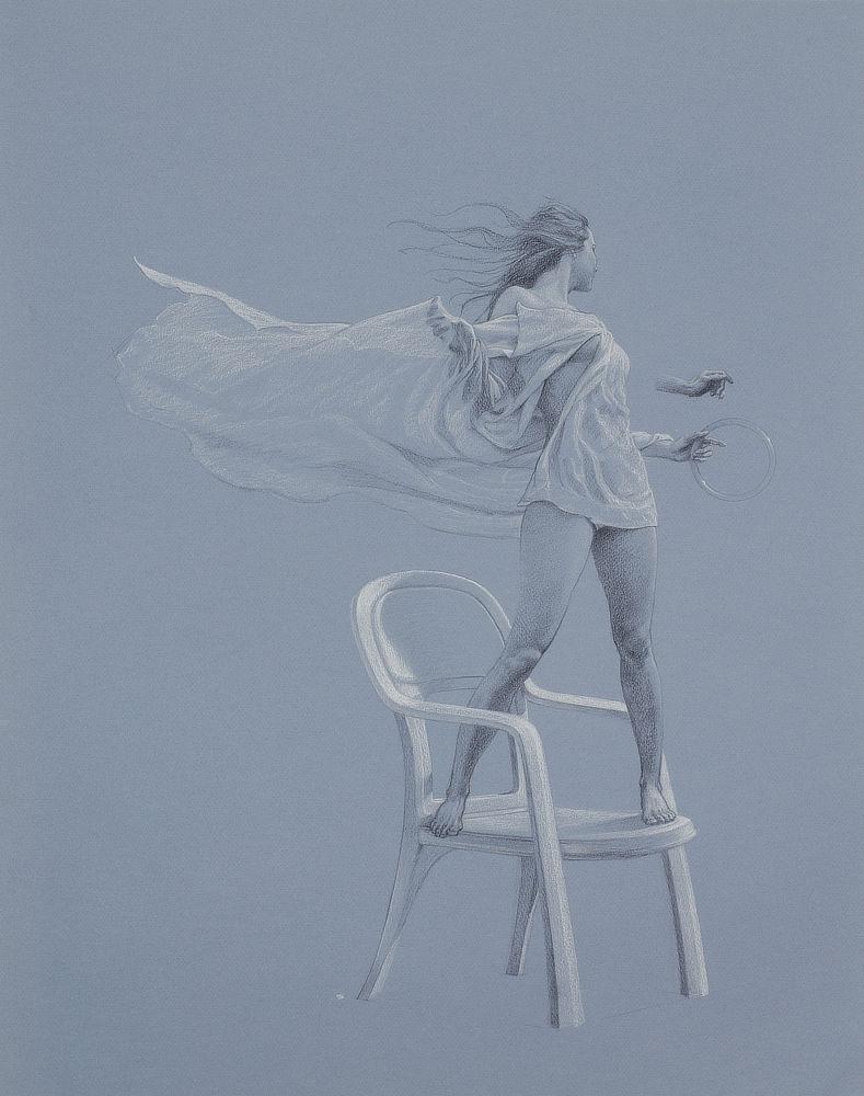 Figure study on blue toned paper for ISLAND featuring a model posed on a white lawn chair. Her body twists slightly to look back. Her hair whips with the motion and the white cloth draping her billows in the breeze. She holds a metal right in her left hand. Above is sketch of her hand with a slightly different grip.
