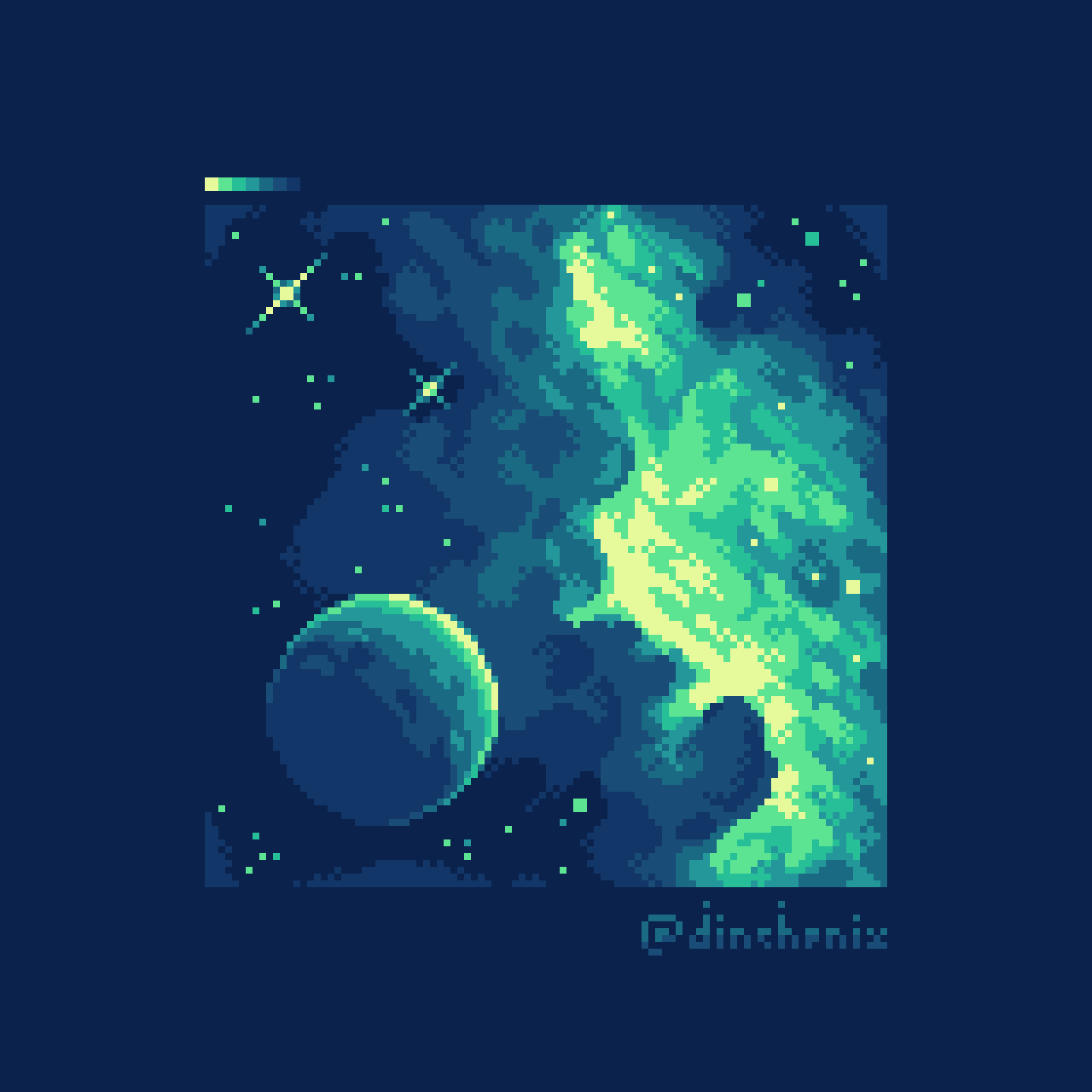 pixel art in blue and green hues of a nebula in space, distant stars and a planet in the foreground
