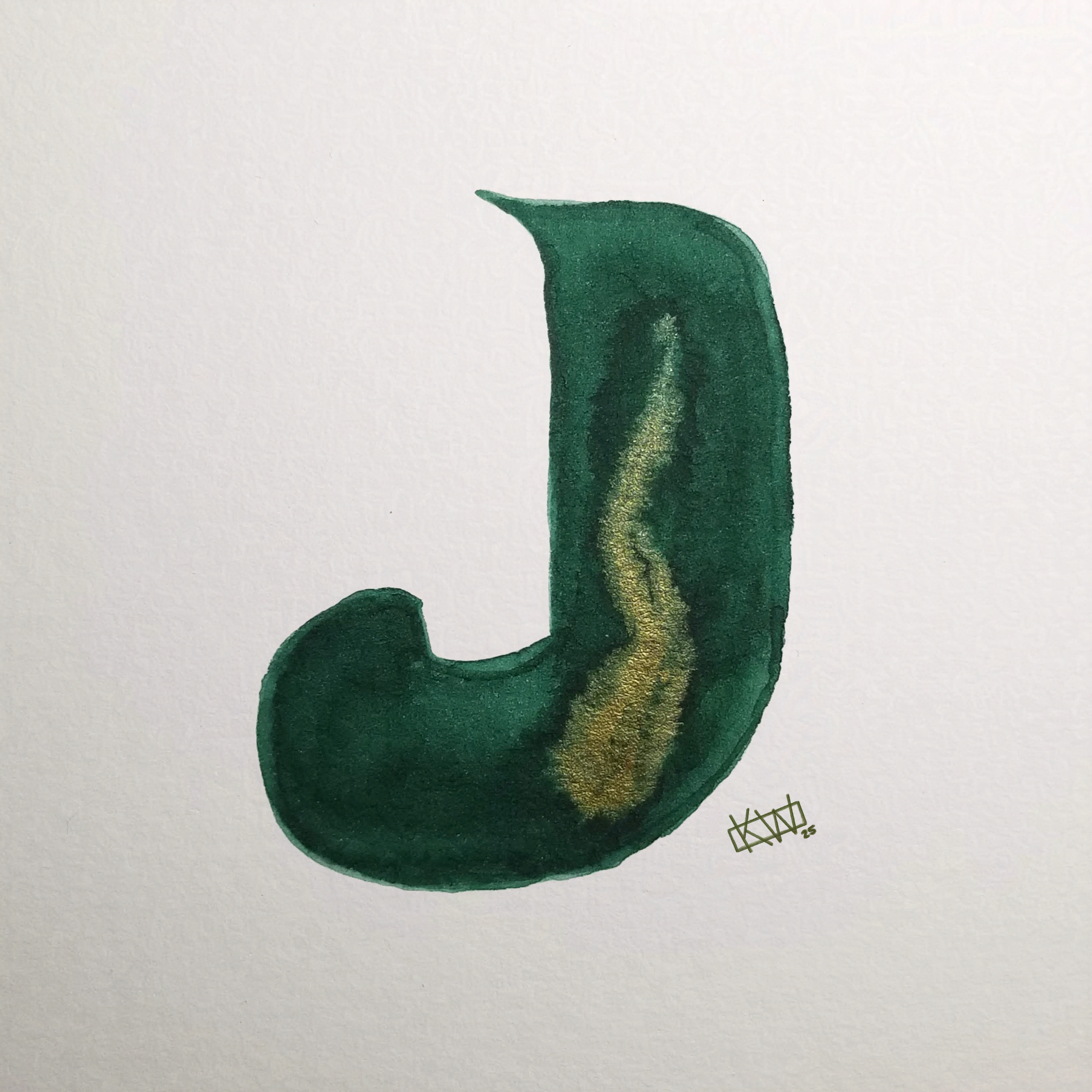 Watercolor of upper case letter J in a lovely shade of green with gold swirls.