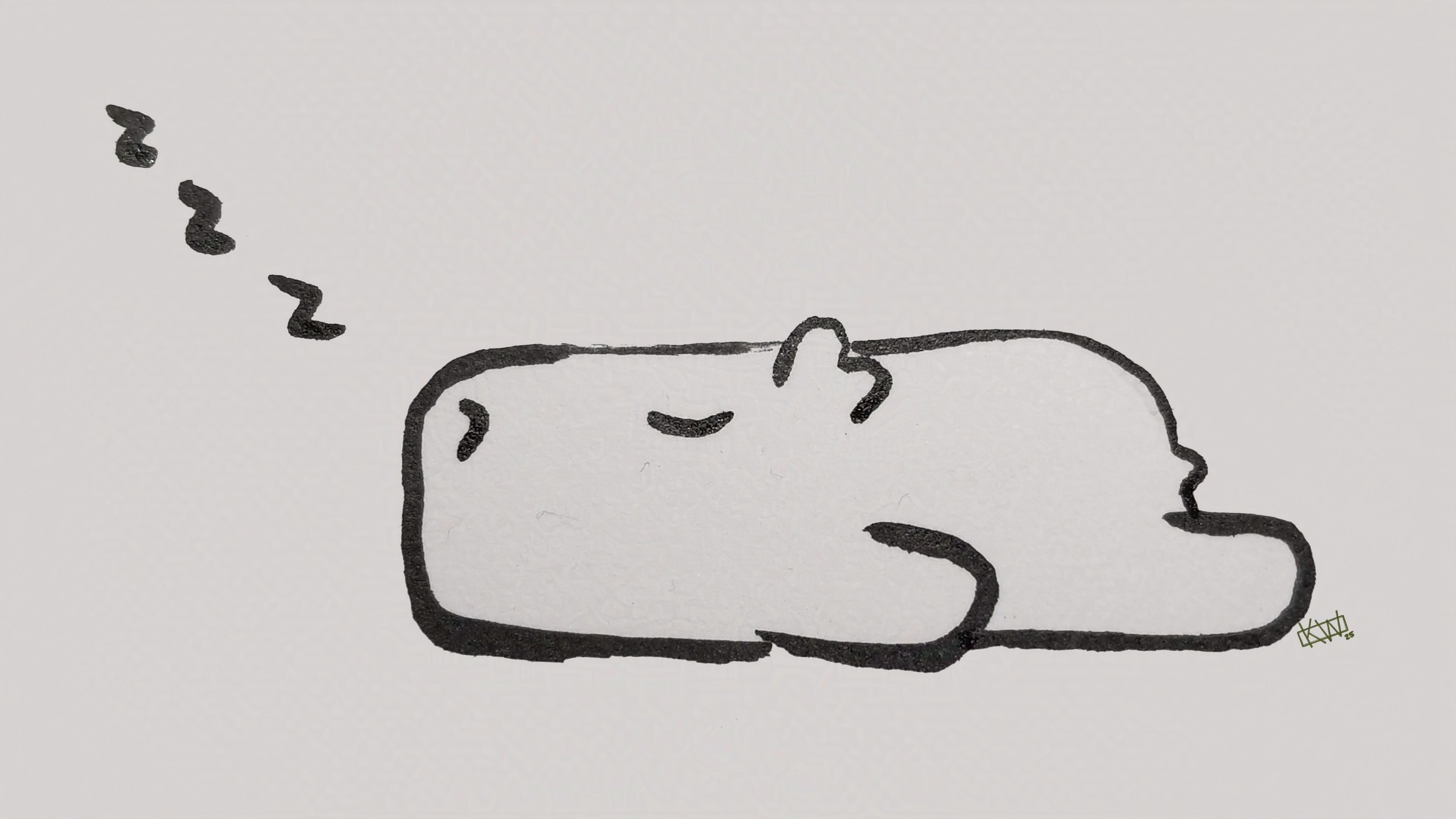Ink painting of a capybara sleeping flat on her stomach on the floor. Little 'z z z ' rises up from her snoot.