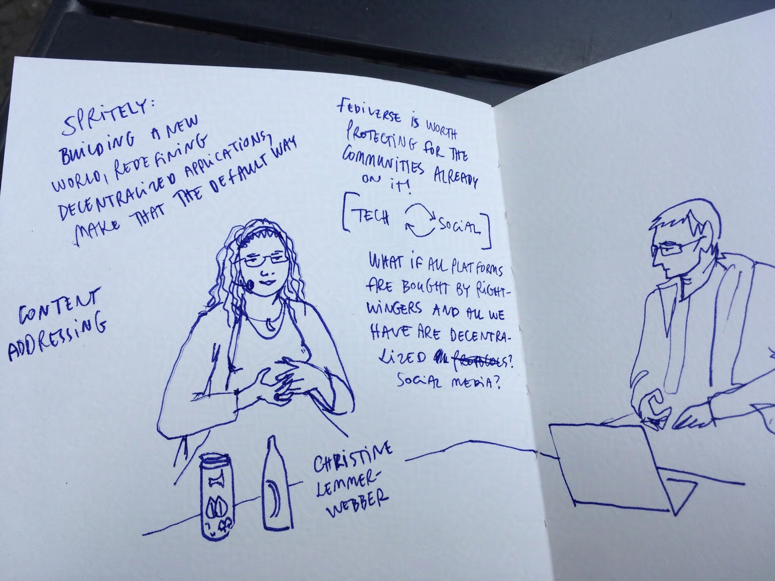 Sketchnote of a chat between Christine and a moderator on the state of the Fediverse and the next steps