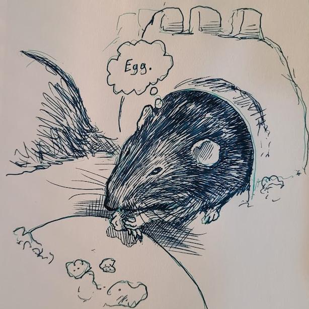 A blue pen sketch of a cute pet rat emerging from a small rat castle to eat a bit of egg. Thought bubble overhead says, simply, "Egg." The rat's eye is squinted in egg-eating pleasure.
