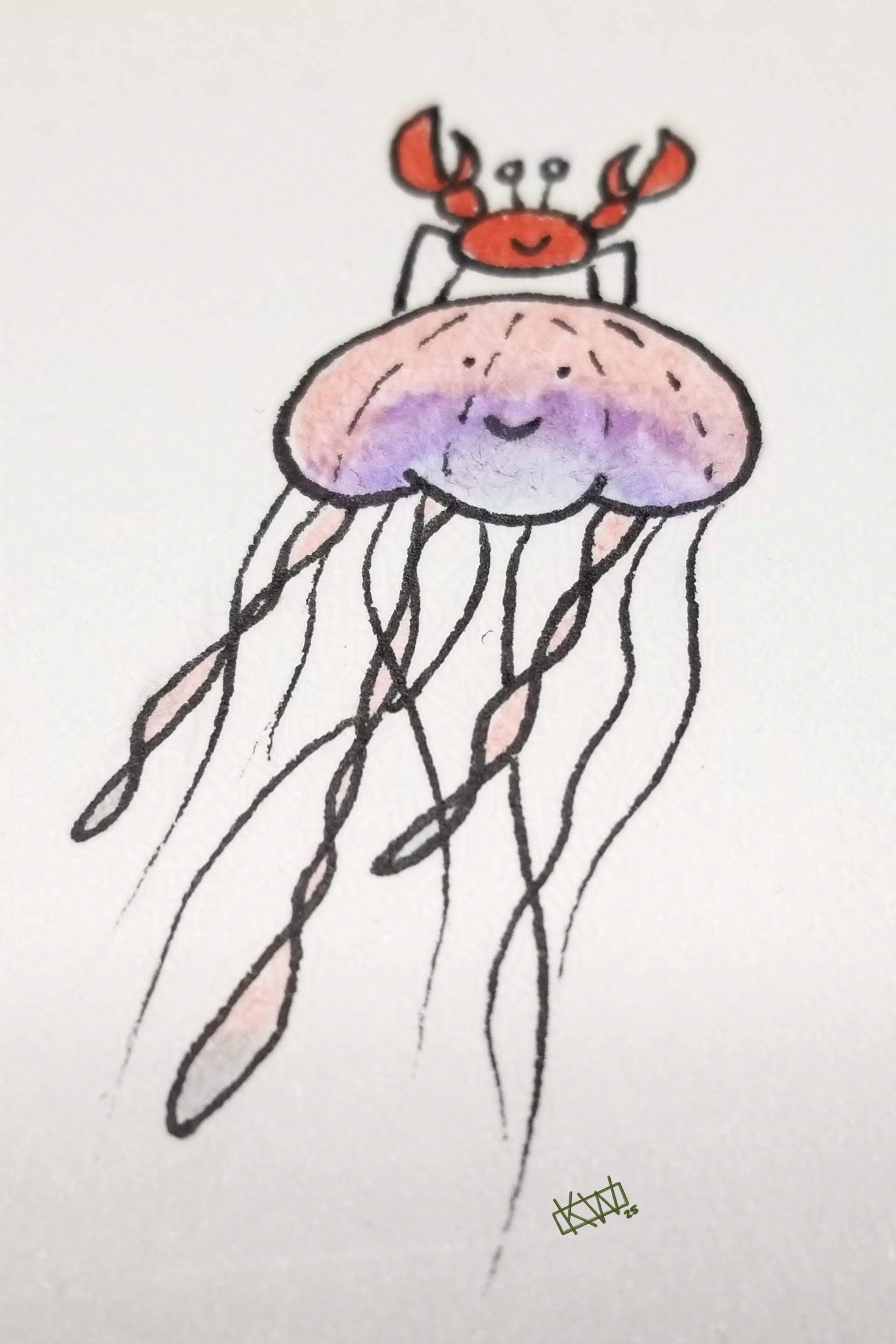 Ink doodle of a happy red crab riding on a pink-purple-blue sea jelly.
