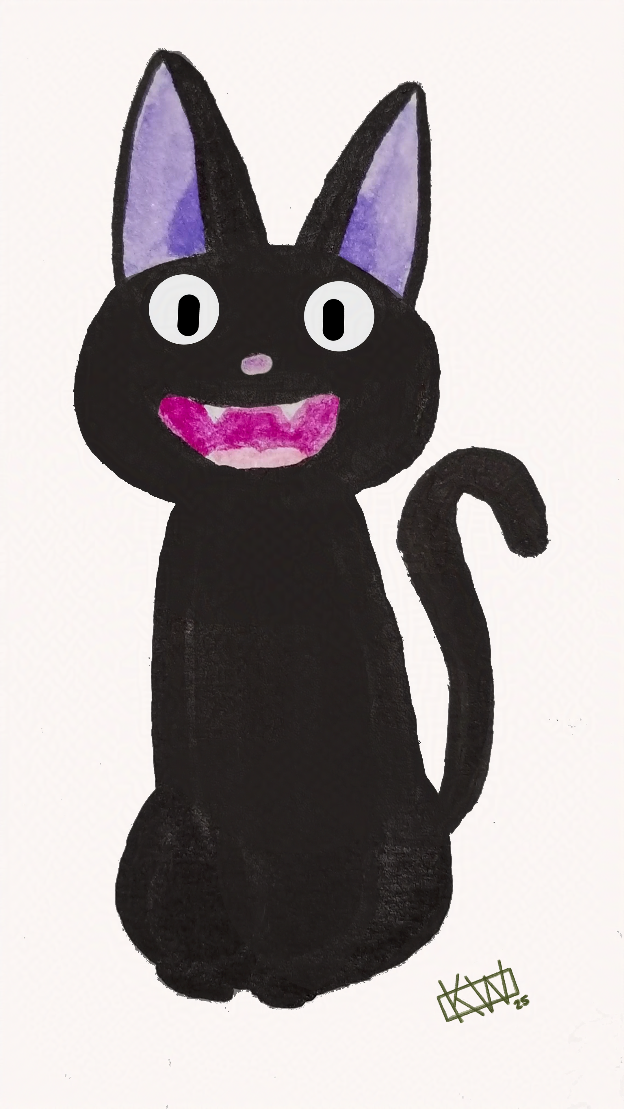 Ink drawing of Jiji, the black cat from Kiki's Delivery Service, looking very excited.