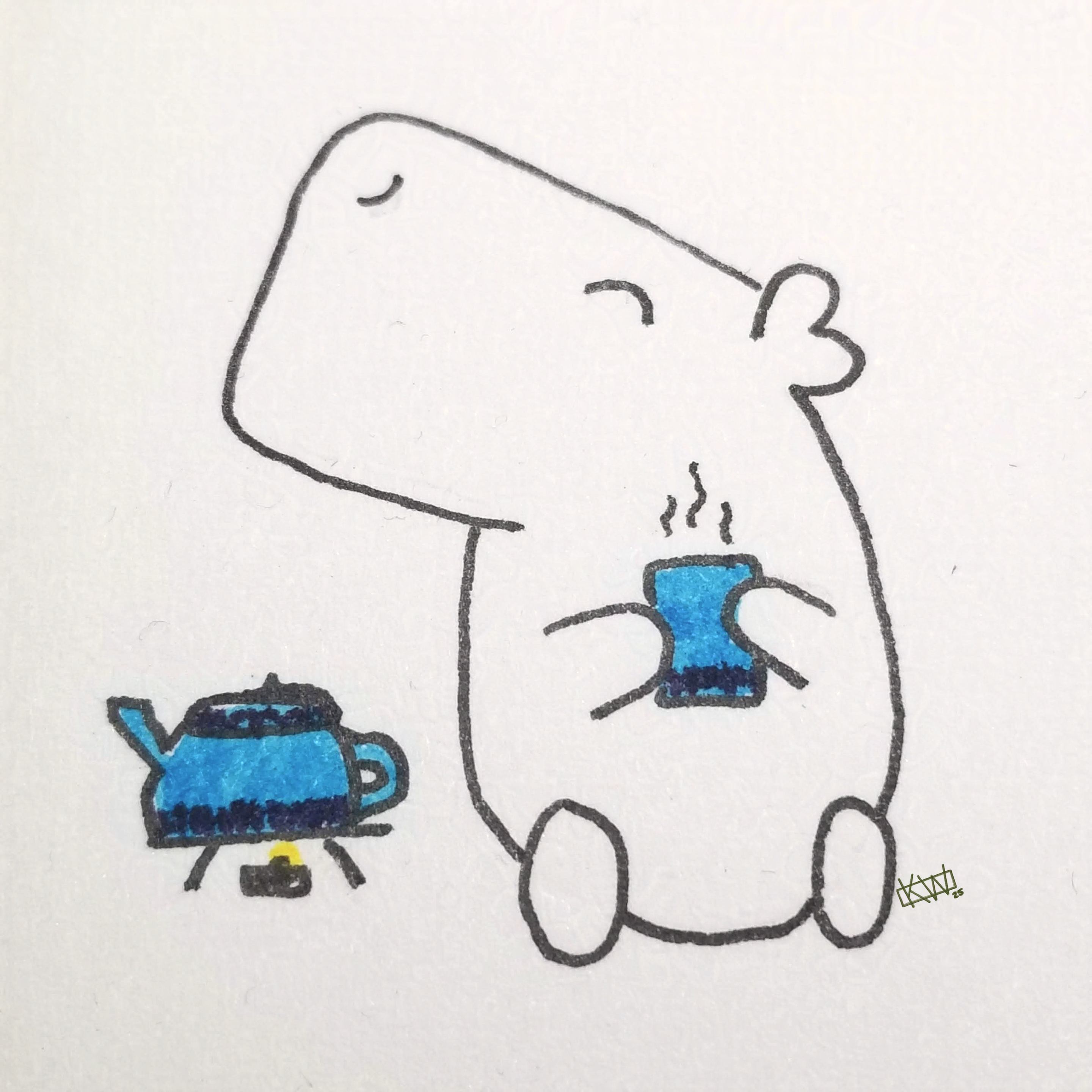 Ink doodle of a happy capybara holding a blue mug of hot tea & having a quiet moment. Next to her is a blue pot of tea staying warm over a candle.