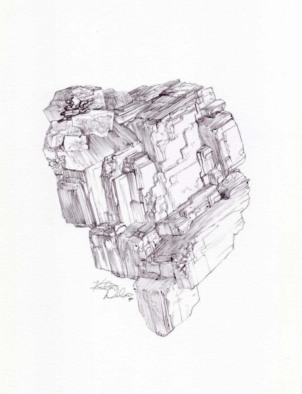 Black ink drawing of an etched rhodochrosite crystal, with a very small protrusion of galena in the top left corner and some growths of fluorite in the same area.
