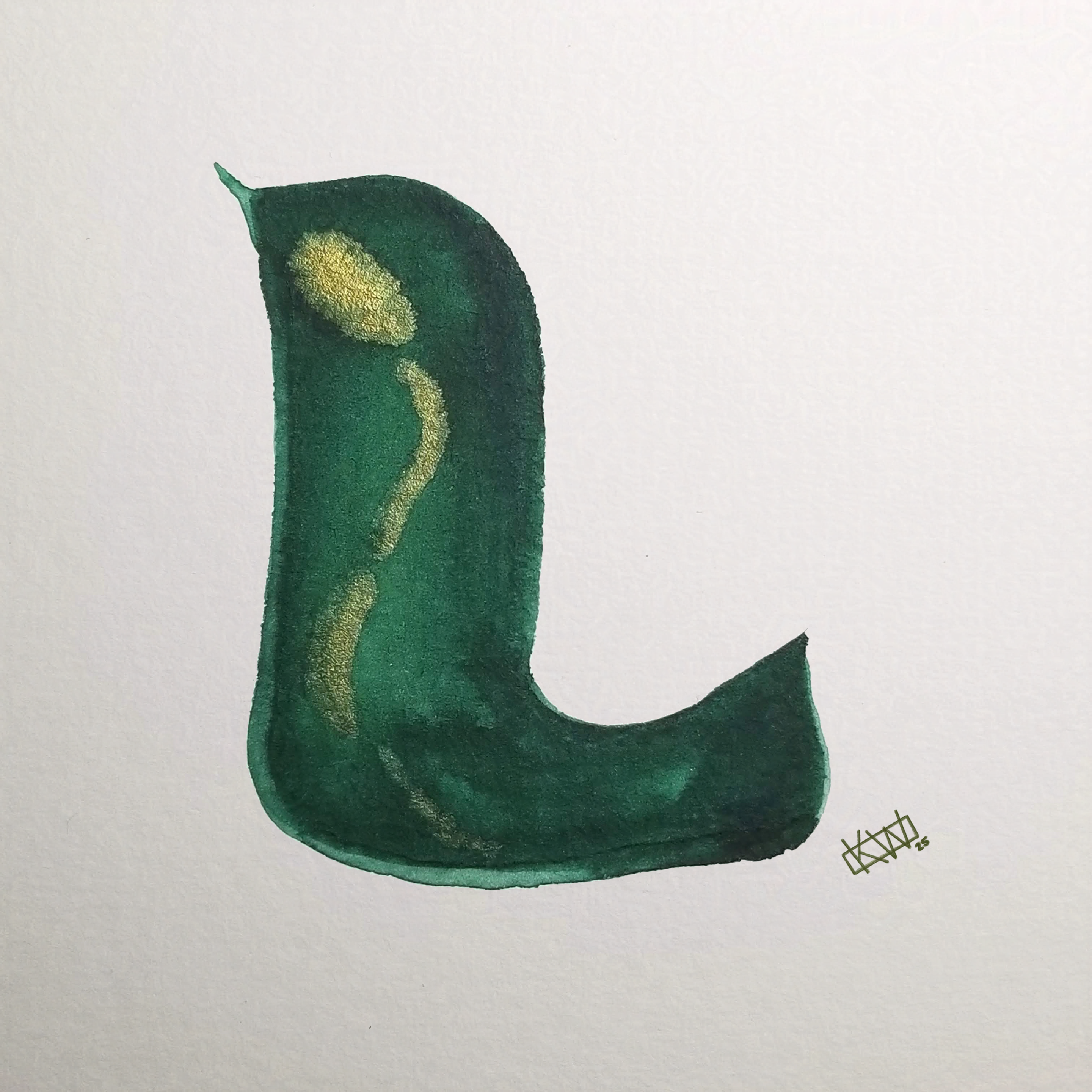Watercolor of upper case letter L in a lovely shade of green with gold swirls.