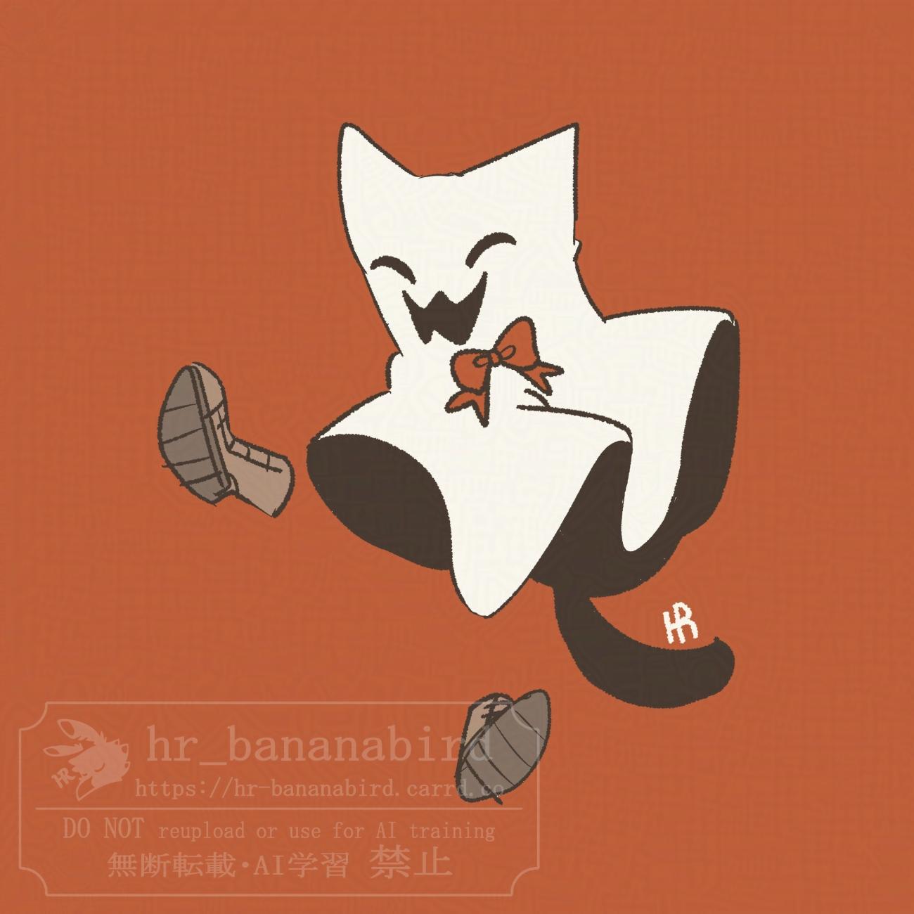 Digital doodle of a sheet ghost with cat ears, a tail, boots and a red bow around their neck. They are floating with a smile on their face, and behind them is a red/orange background.
