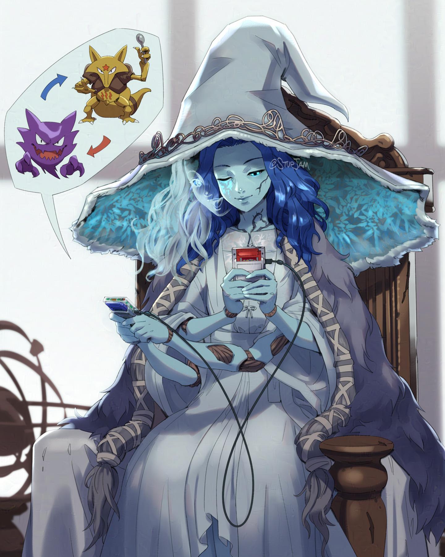 by the window in a castle tower, a blue doll witch with four arms plays two pokemon gameboys with a link cable between them. She’s stoked about trading kadabra for haunter to get the trade evolution. 