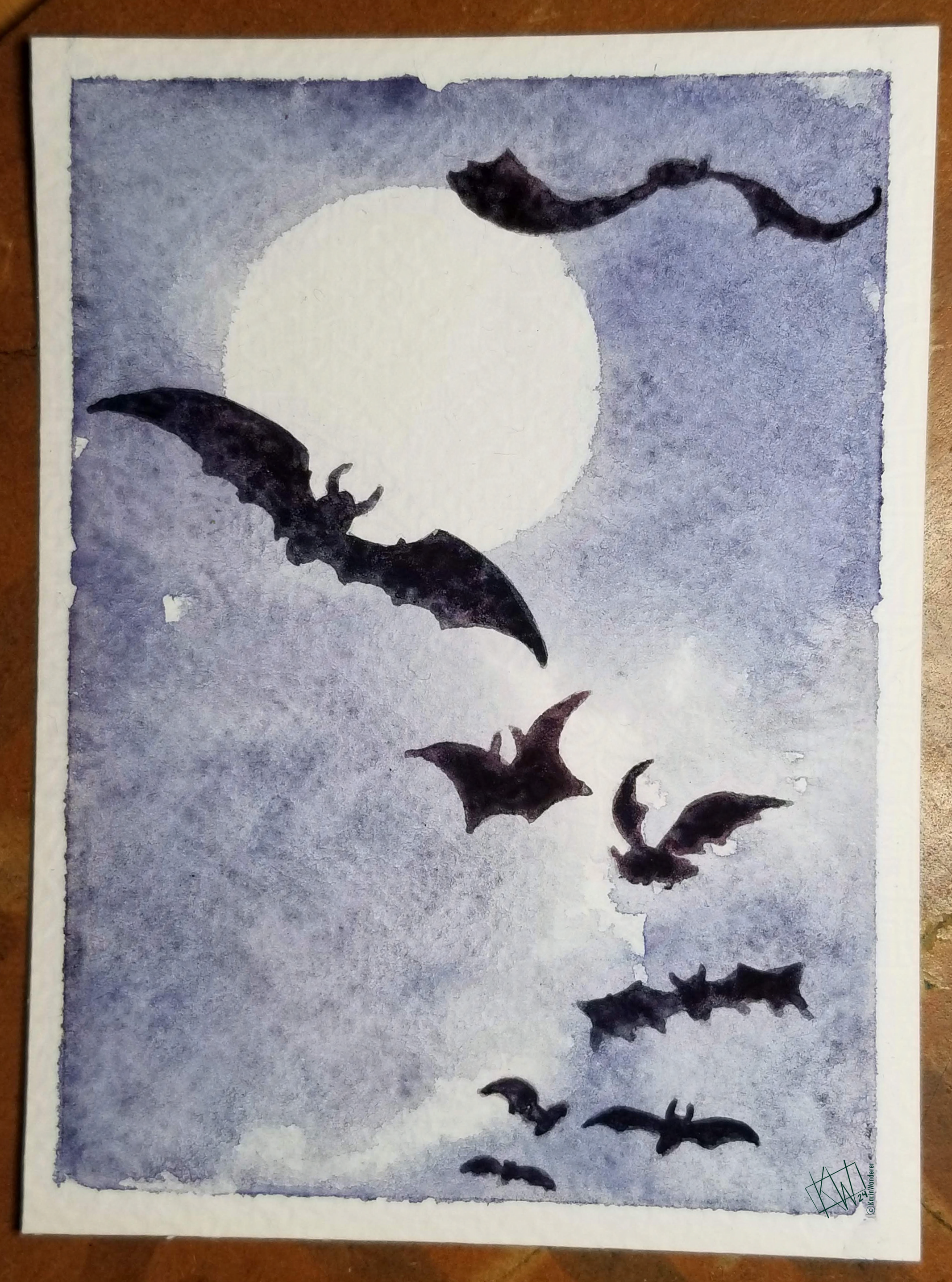 A full moon lights up the misty sky, which is full of bats.
