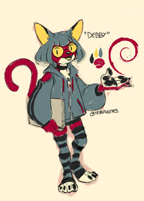 Colored sketch by Tealful Eyes of their character Debby, an  anthropomorphic cat themed after the Debian Linux distribution.