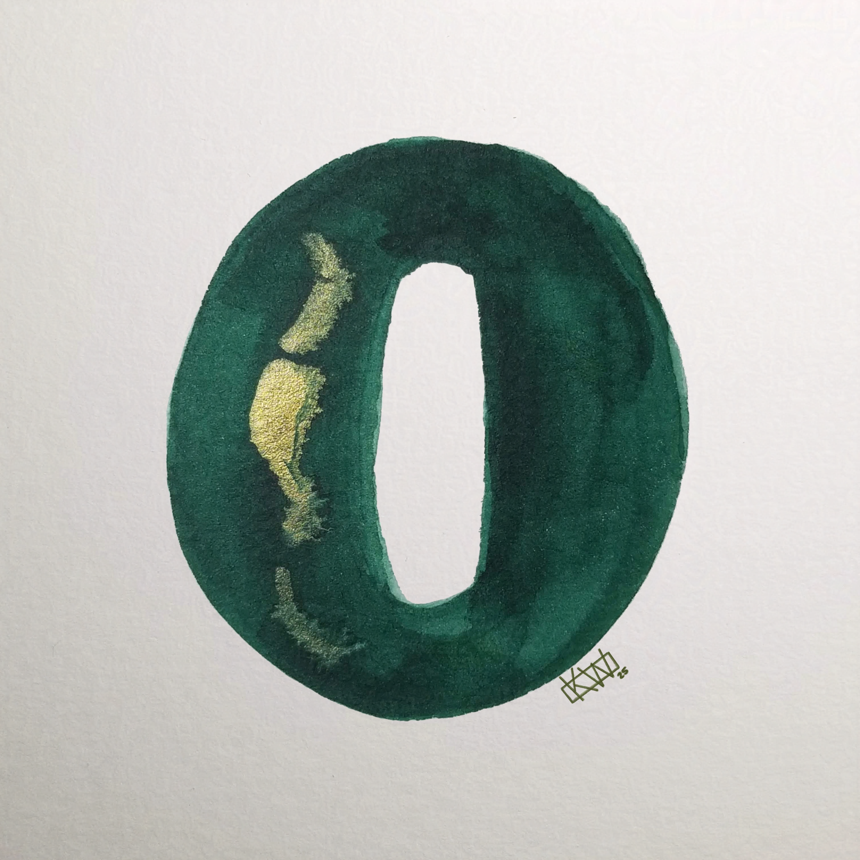 Watercolor of upper case letter O in a lovely shade of green with gold swirls.