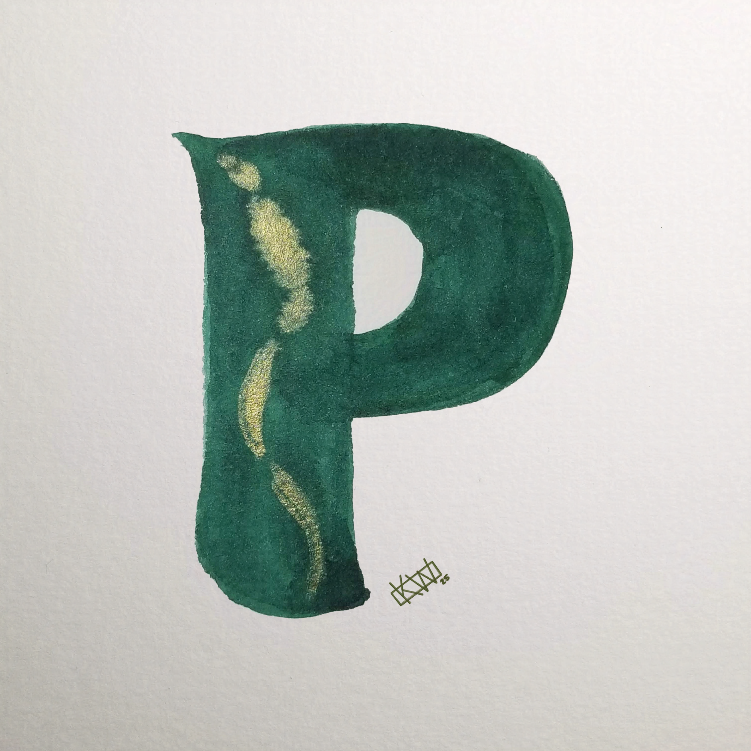 Watercolor of upper case letter P in a lovely shade of green with gold swirls.