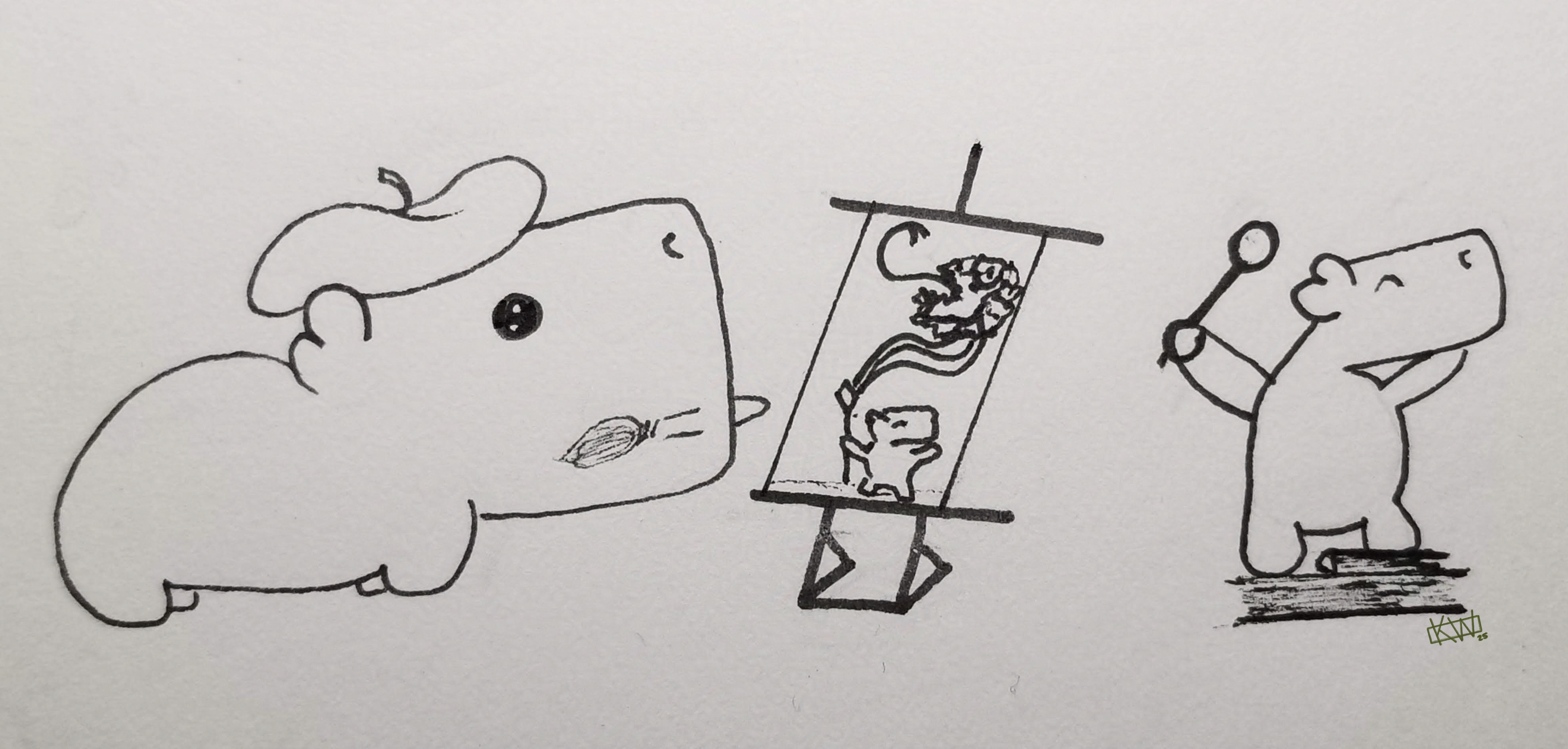 Ink doodle of 2 capybaras. One stands proudly, holding a spoon aloft. The other wears a beret while painting the first one as a wizard holding a staff aloft while summoning a dragon.