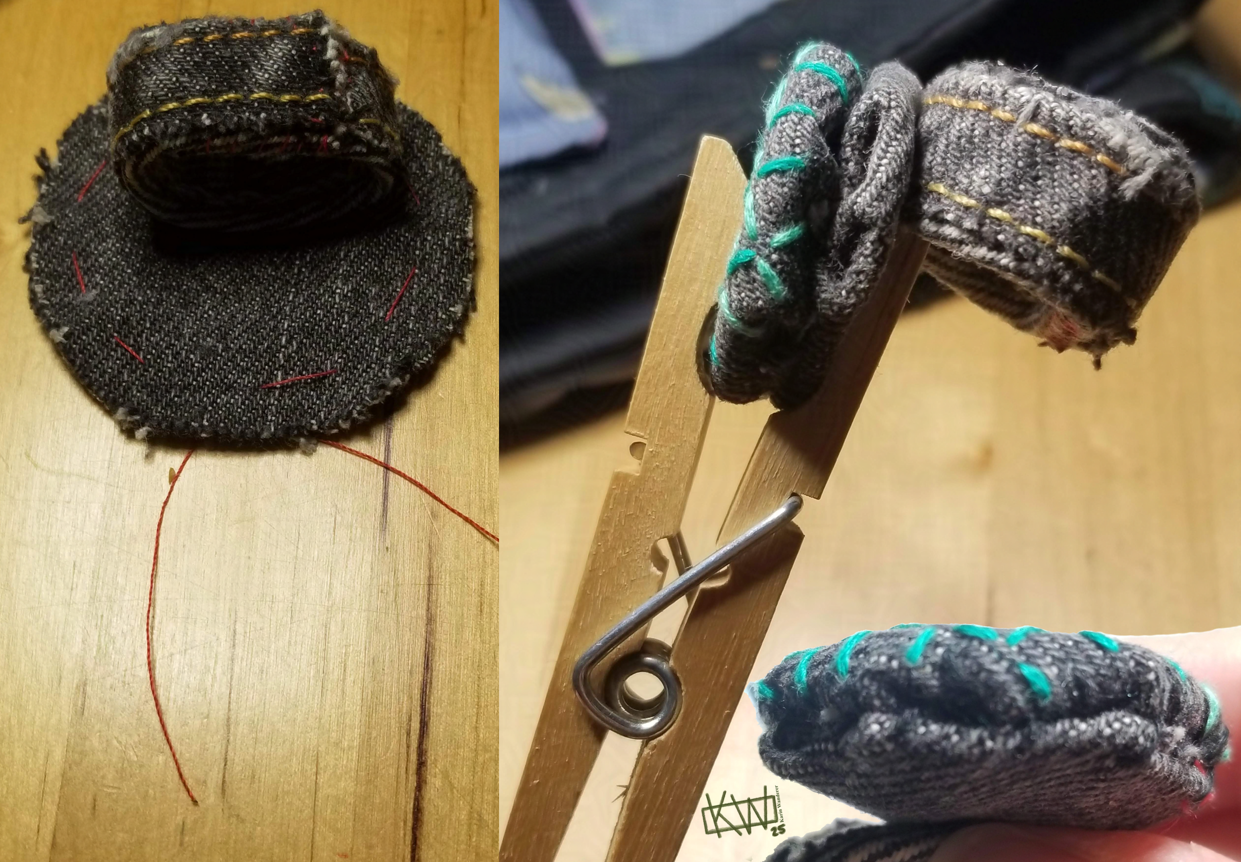 Several photos: 1. A circle of fabric sewn to a ring of fabric. 2. two fabric yo-yos held wrong side to wrong side with a clothespin. 3. 2 yo-yos sewn together.