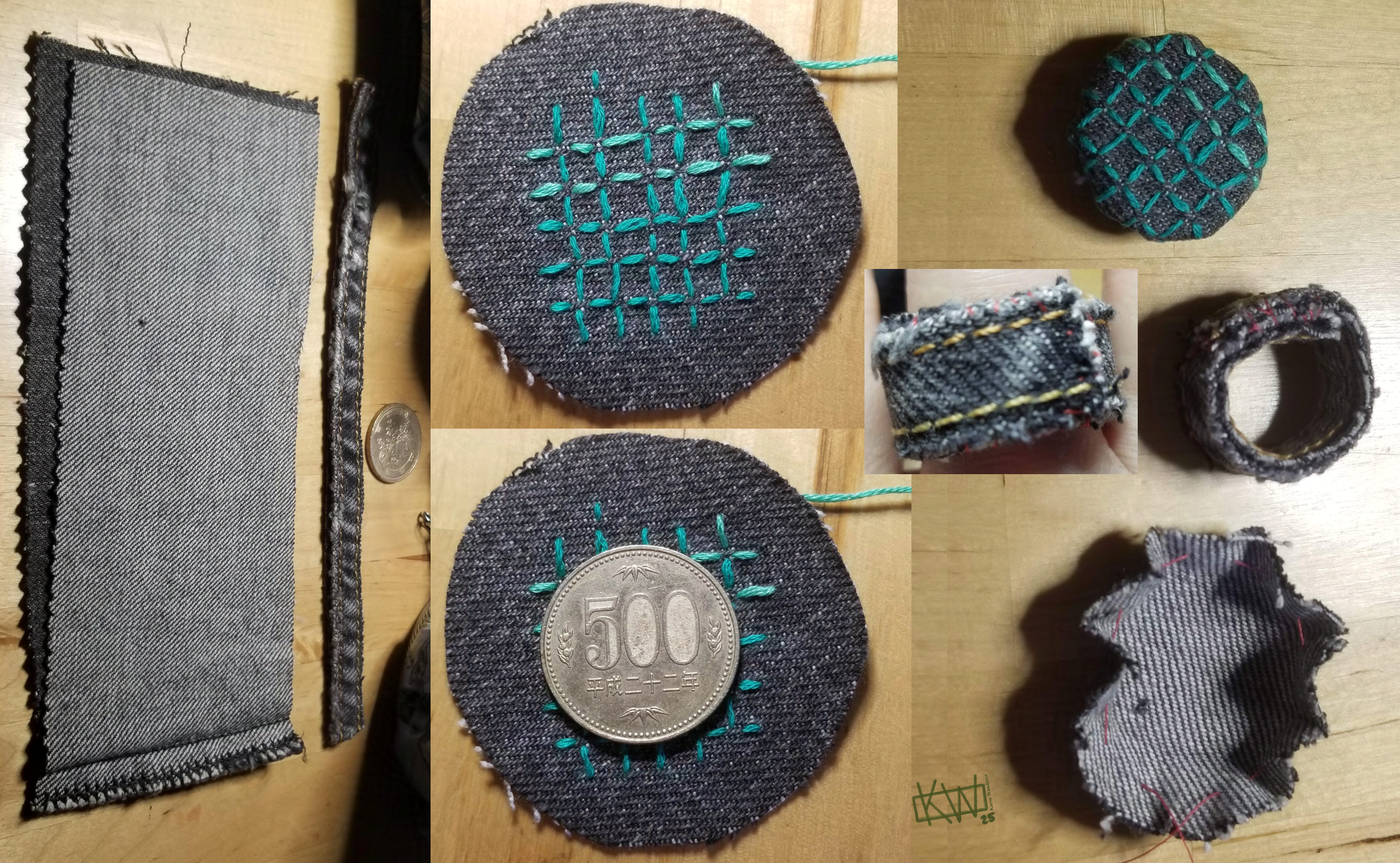 Several Photos: 1. Dark blue fabric scraps & a large coin. 2. A circle of dark blue fabric with a green grid embroidered in its center. 3. The embroidered circle with a large coin laid on it so you see the green embroidery is only tiny bit larger than the coin. 4. The embroidered circle, the thick strip of fabric sewn into a circle, & an un-embroidered fabric circle in a half-made yo-yo.