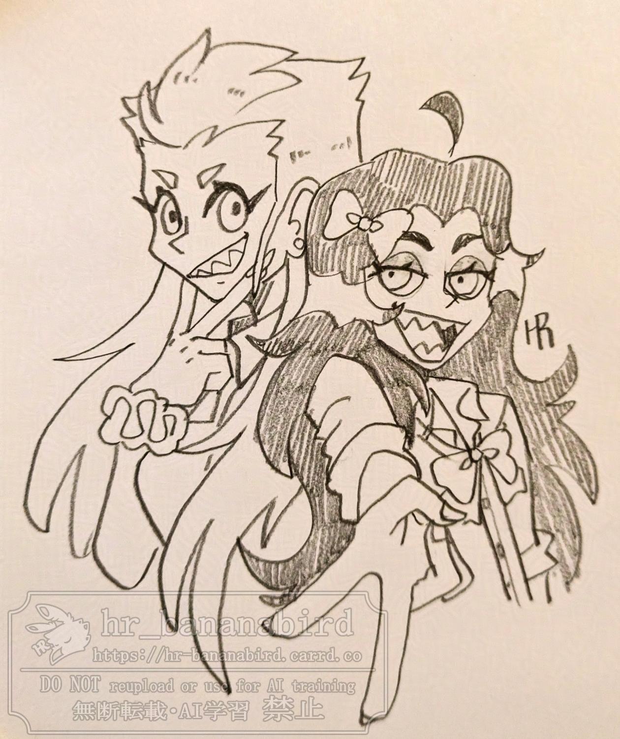 Traditional pencil art of a human lady with long white hair and a human man with long black wavy hair, wearing Gyaru fashion. The lady has her hand in a V-sign held up to her chin, while the man is making a V-sign and stretching it out towards the viewer. They have their backs against each other and are both looking at the viewer with a grin.