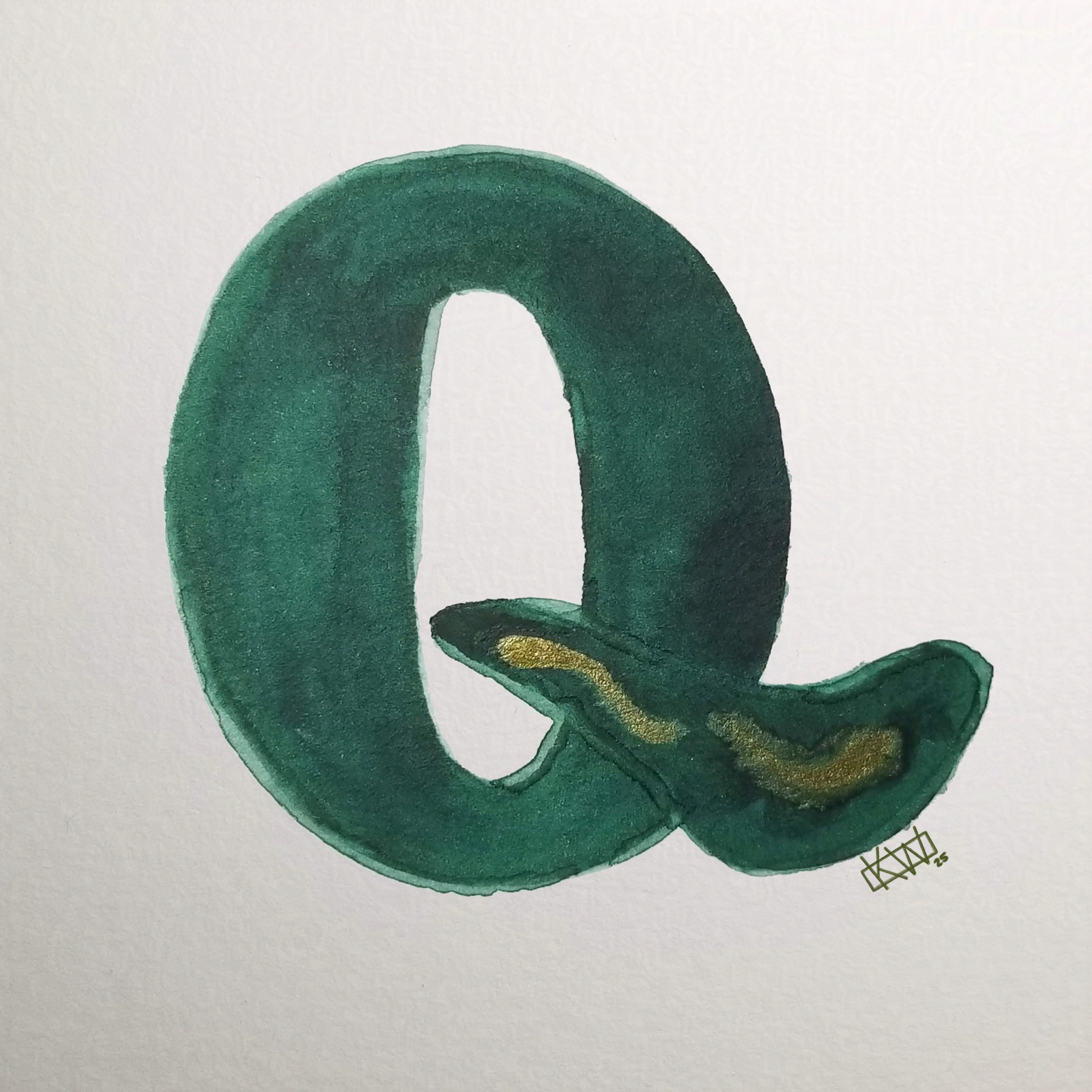 Watercolor of upper case letter Q in a lovely shade of green with gold swirls.