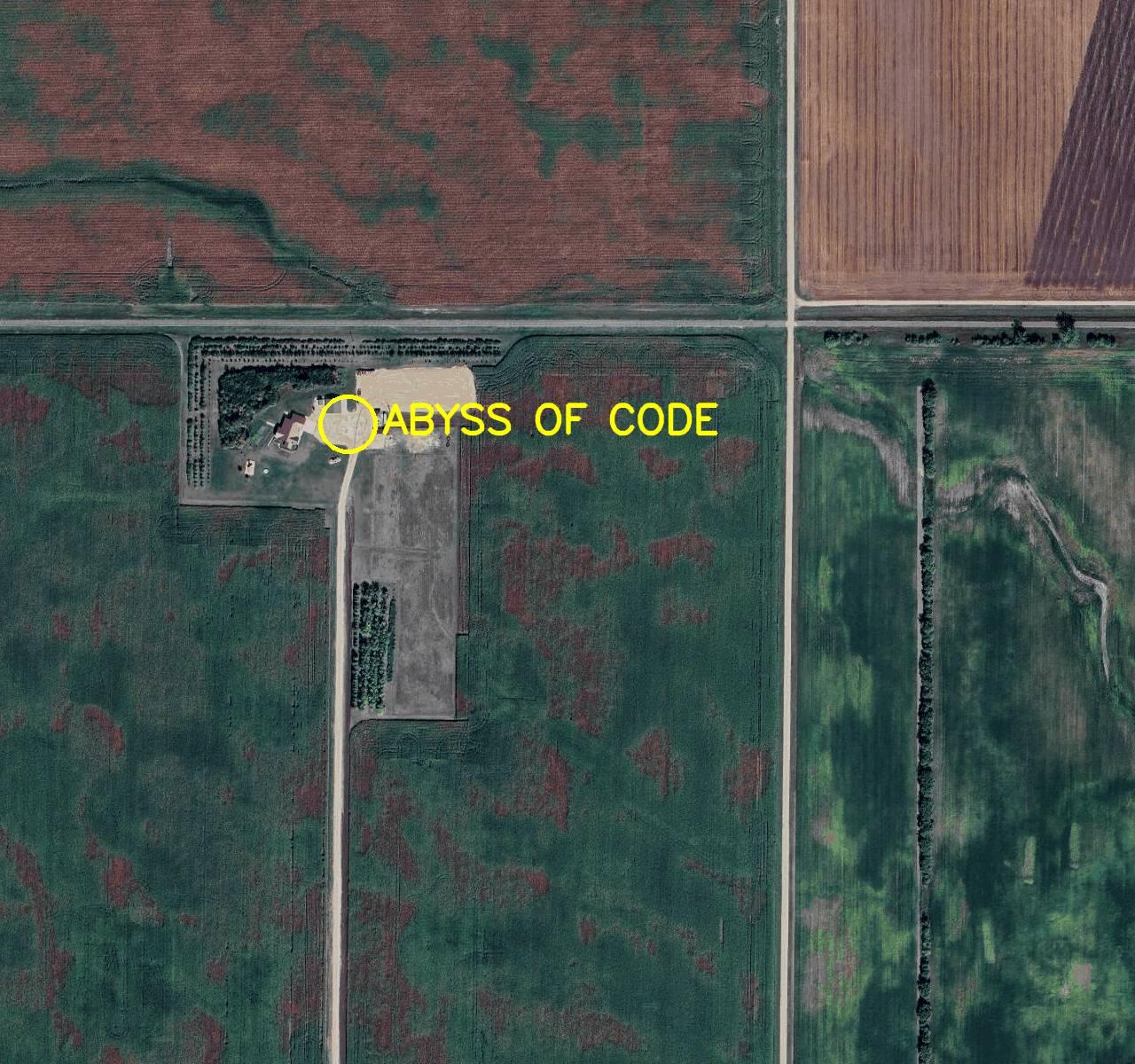 Aerial satellite photo labelled in bright yellow letters: 

1. Abyss of Code