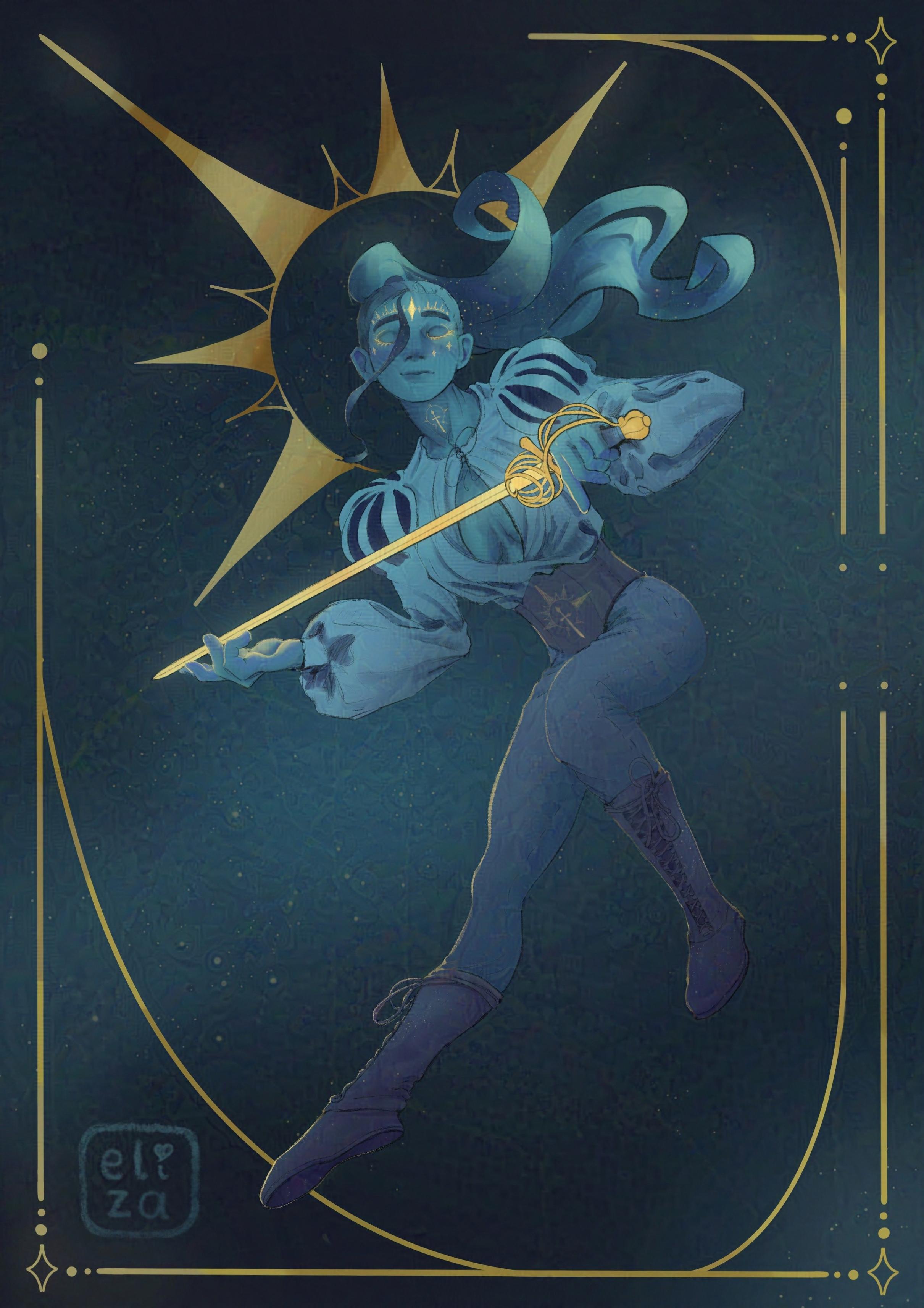 An illustration of my OC as a knight. Shes holding her golden glowing rapier in a floaty, romantic pose. Her face is decorated with glowing stars and of the same color she has a sword sign tattoo'd on her neck. Her puffy shirt is half open showing some cleavage like the little slut she is (affectionate). The background of the illustration is a galaxy, and the art work is decorated with a golden frame and a star sign with her head as the center. The used colours are blue and yellow