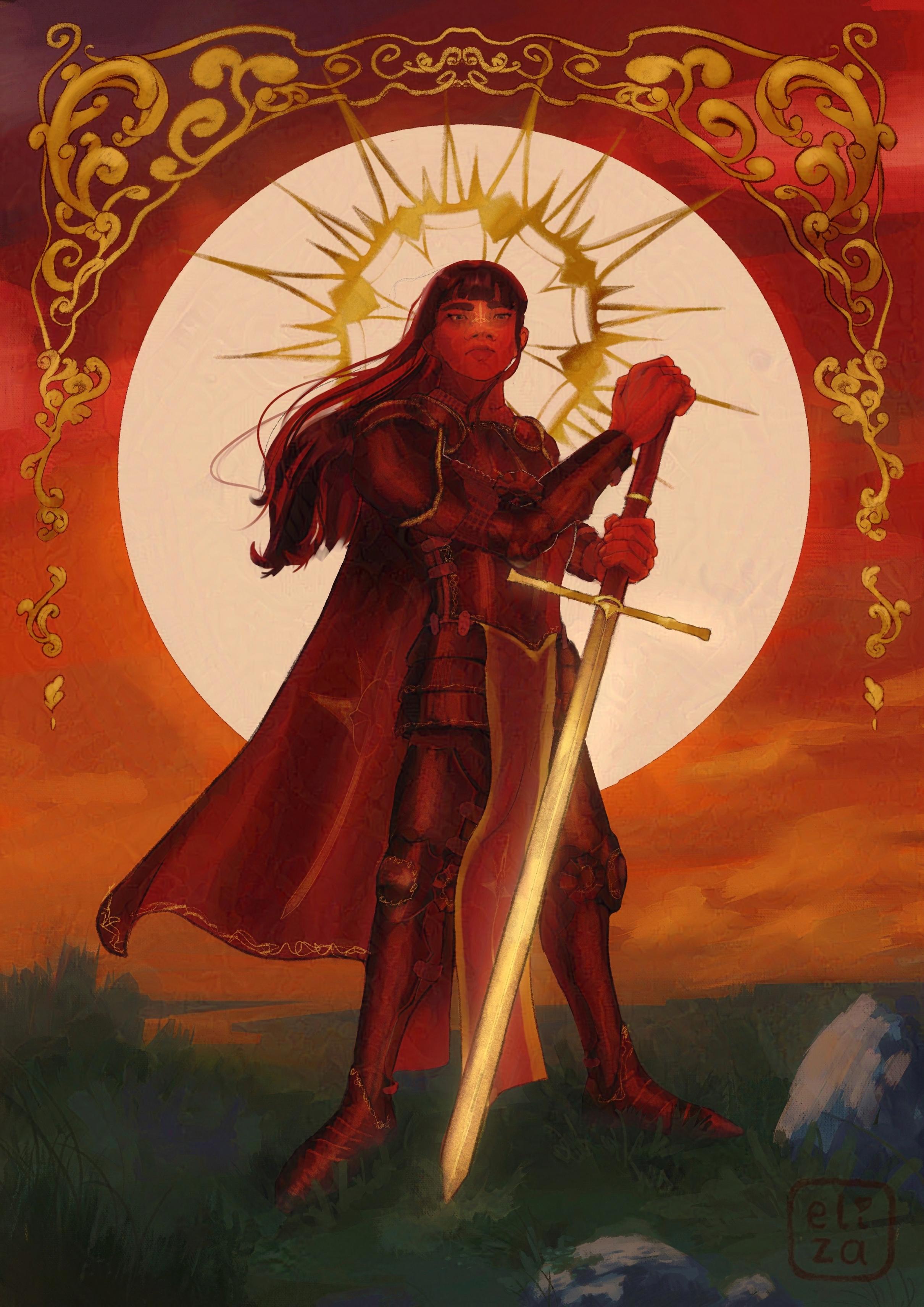An illustration of my OC Celdervinn as a Knight. Shes standing on grass in front of the sunset which is giving her a strong silhouette to her proud pose. Shes resting her hands on a Zweihänder which is glowing like gold. There is a decorative frame on the top part of the painting. The colours are mostly reds, grey greens and yellow/gold.