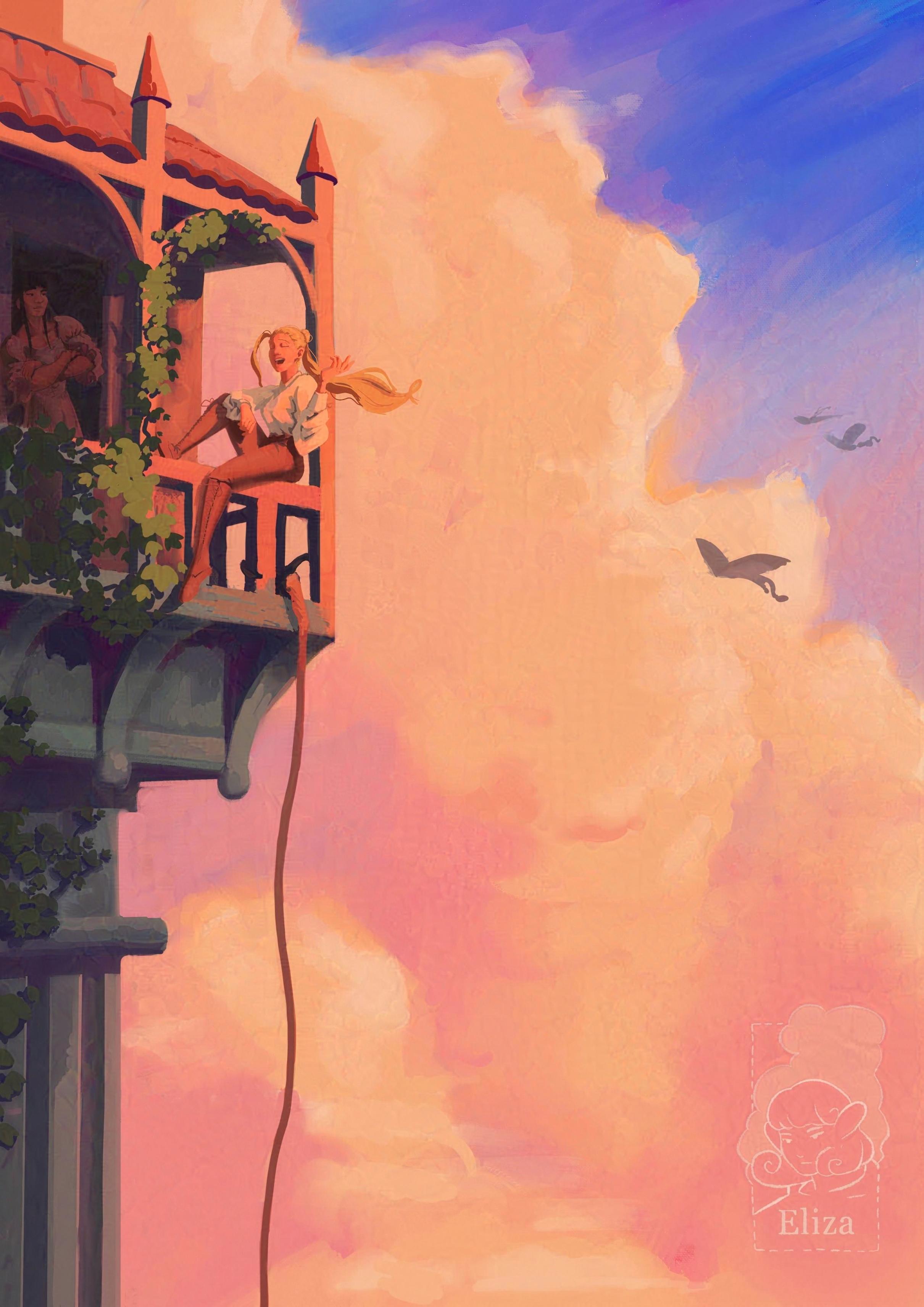 a scenic painting of a balcony in front of a backdrops of pink clouds blue skies.
Mihoko, my OC, is sitting on the balcony railing, striking a cocky pose and talking to my other OC, Celdervinn, who is standing in the doorframe raising an eyebrow at Miho, grinning. There is a rope with a hook hanging from the railing.
The painting has a very warm fluffy feeling to it.