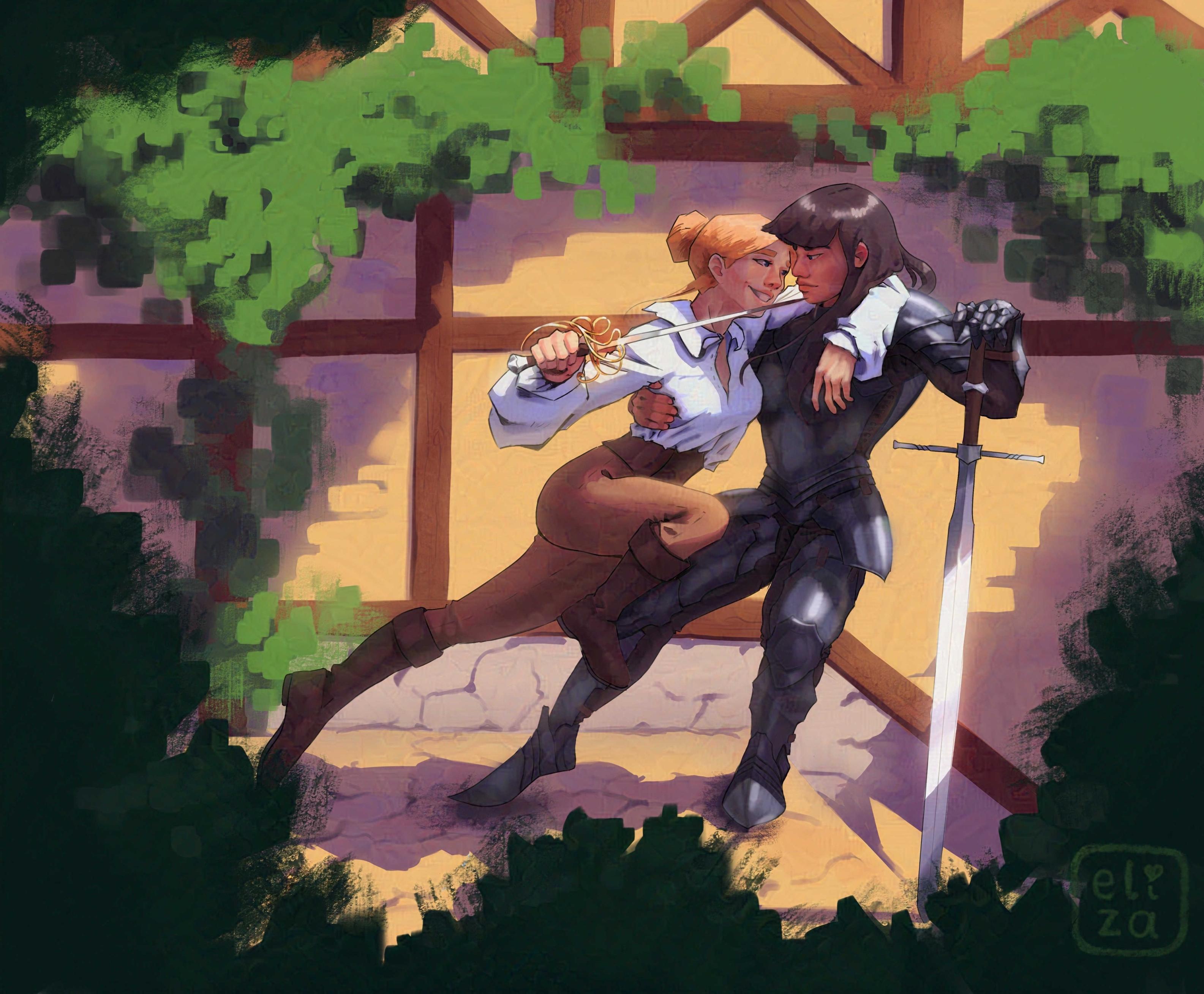 My OCs being a typical lesbian couple.
Miho has her arm swung around Cels neck as she's jumping into Cel with a Sword pointed at Cel's neck. Cel is catching her with her hand resting on a Zweihänder . They're both smiling. Miho is wearing a shirt with puffy sleeves, leather pants and boots. Cel is wearing a black armor.