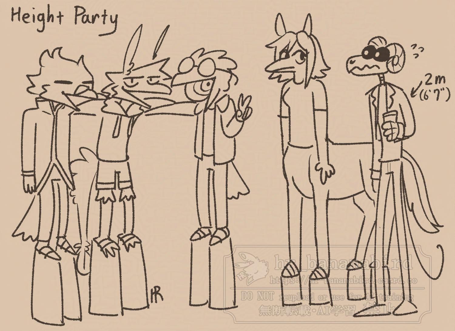 Digital doodle based off the meme "same height party". Drawn are several anthropomorphic characters with tall platform shoes, and one 2 meter (6'7") tall skeleton named Starnum with normal shoes.