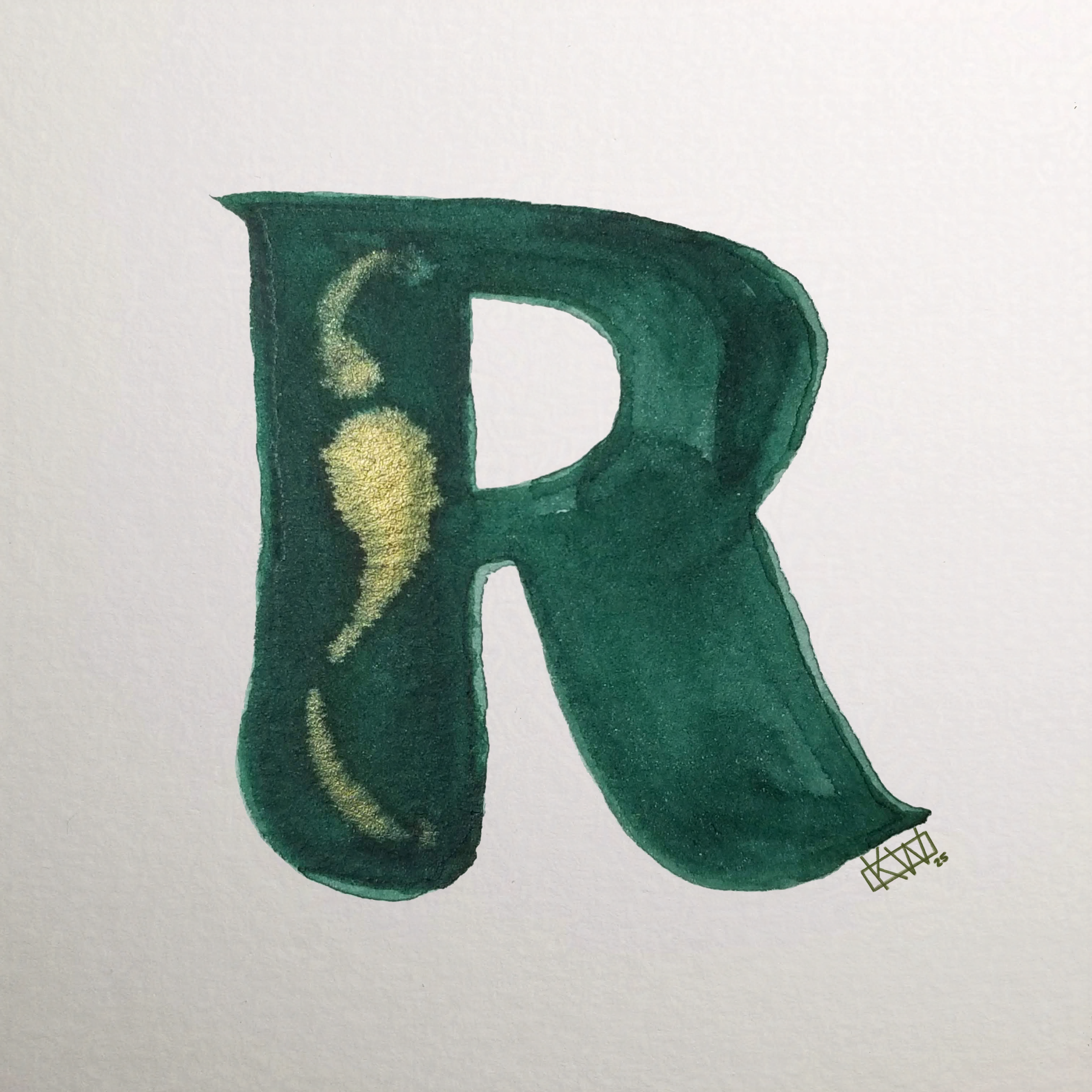 Watercolor of upper case letter R in a lovely shade of green with gold swirls.